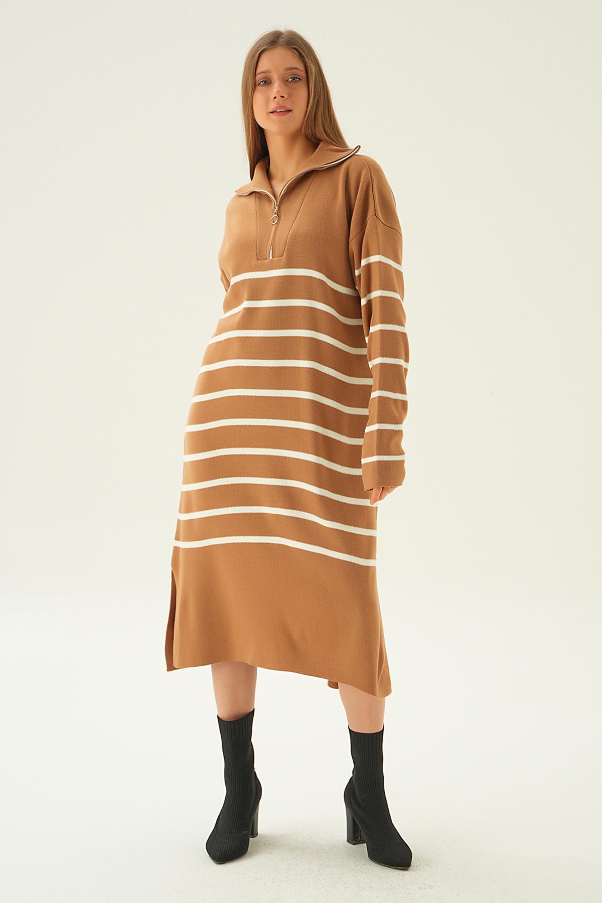 4310 Çizgili Fermuarlı Tunik Bisküvi - 6