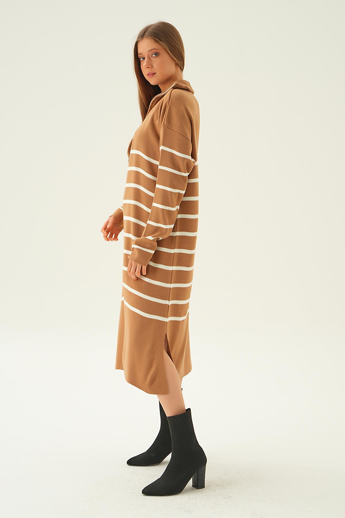 Bisküvi Çizgili Fermuarlı Elbise 4310 - 2
