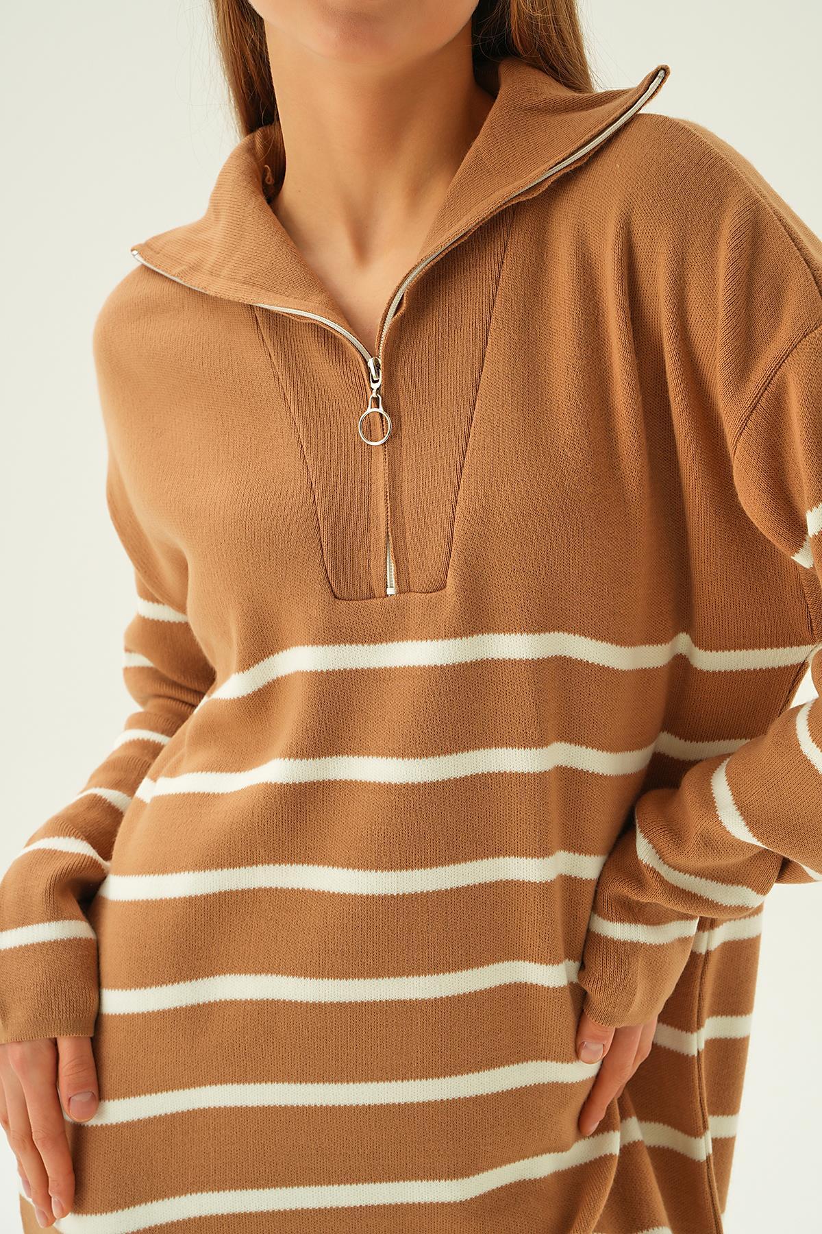 Bisküvi Çizgili Fermuarlı Elbise 4310 - 5