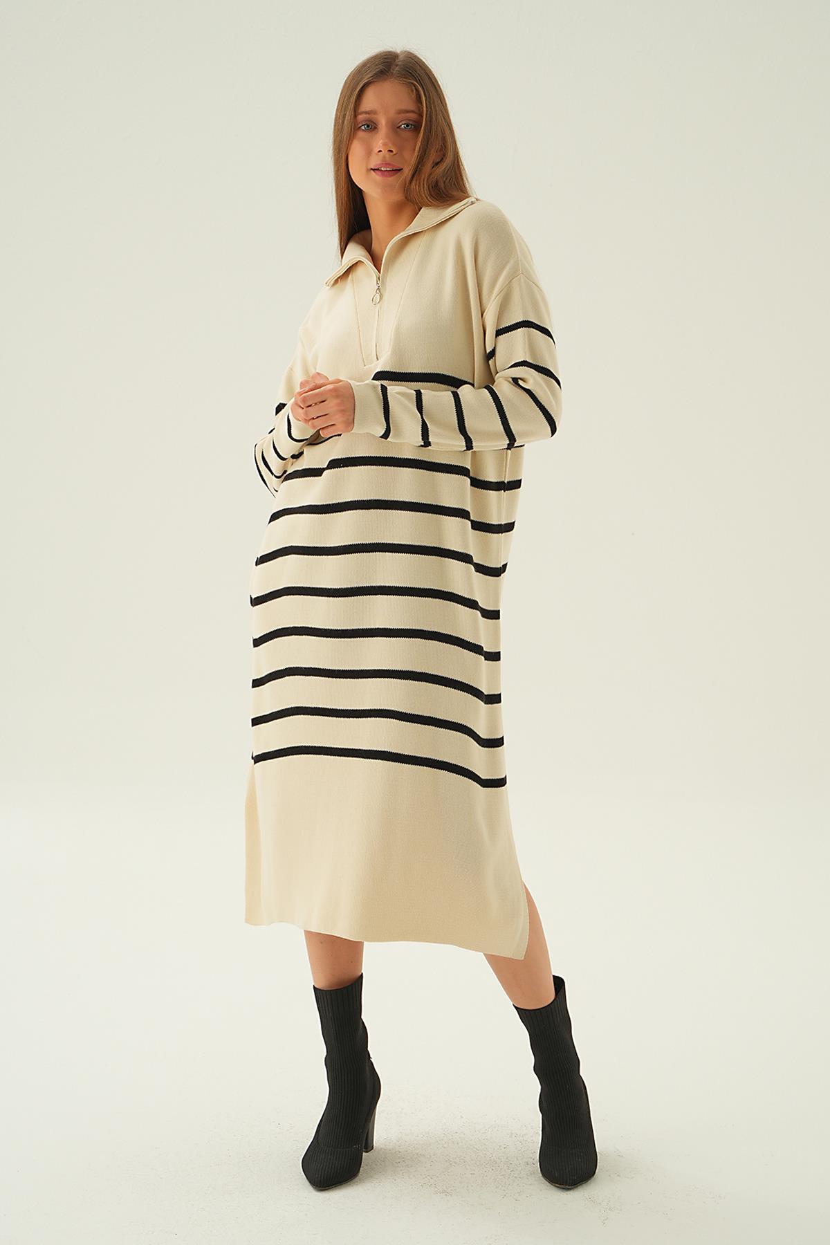 4310 Çizgili Fermuarlı Tunik Kemik - 1