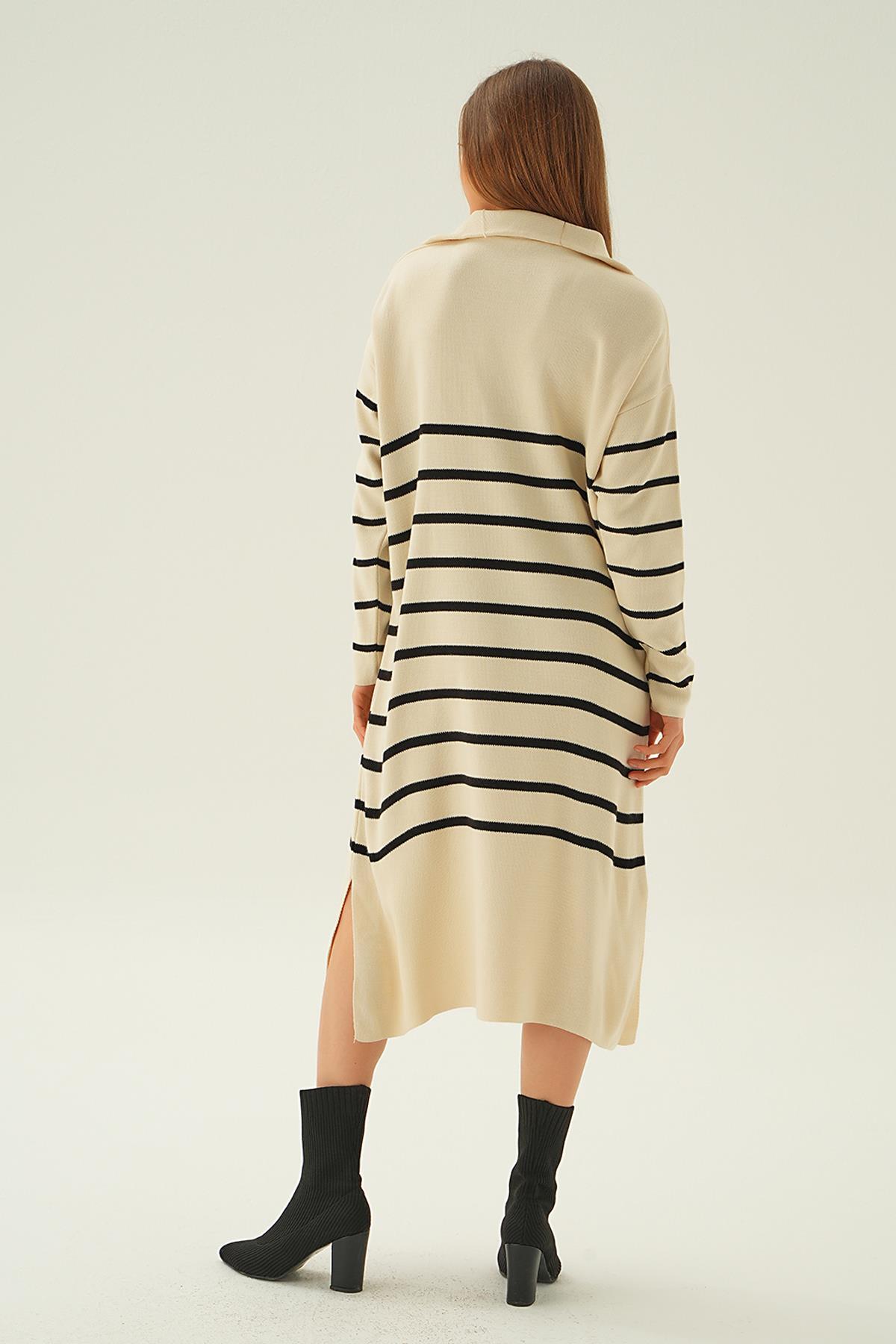 4310 Çizgili Fermuarlı Tunik Kemik - 4