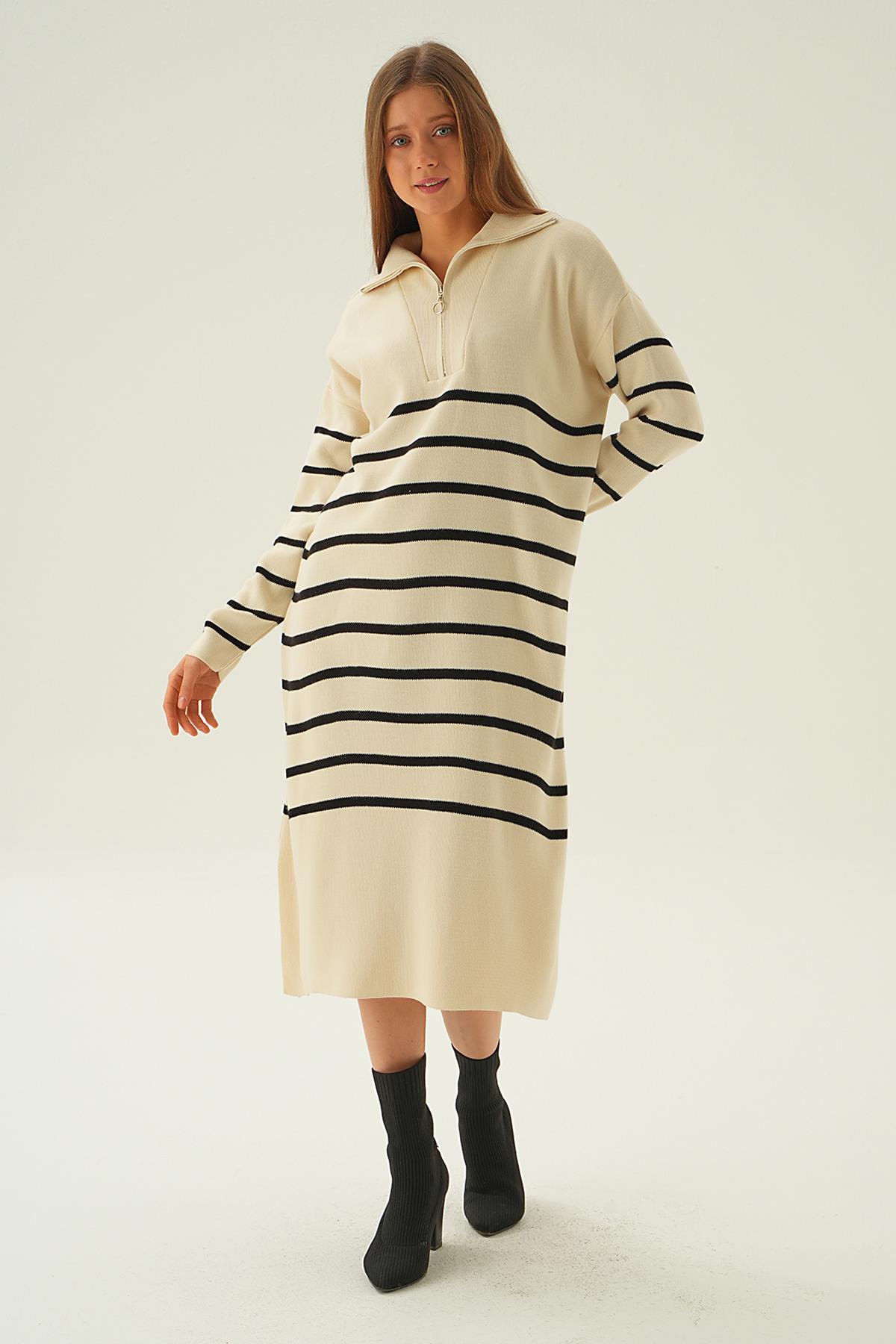 Kemik Çizgili Fermuarlı Elbise 4310 - 2