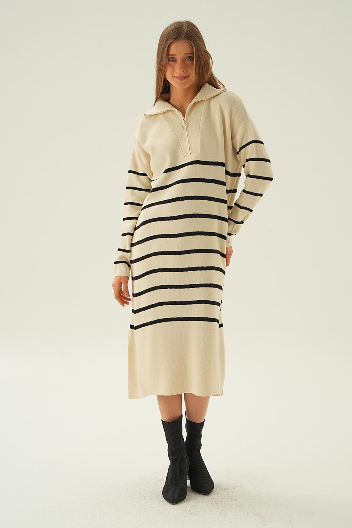 Kemik Çizgili Fermuarlı Elbise 4310 - 5