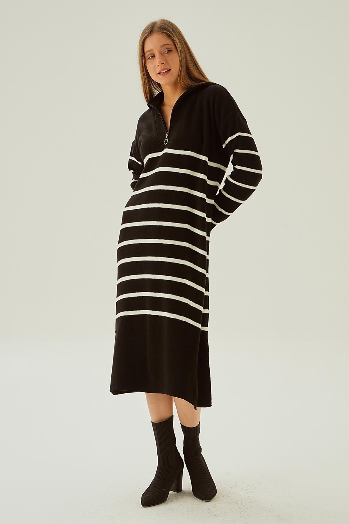 4310 Çizgili Fermuarlı Tunik Siyah - 1