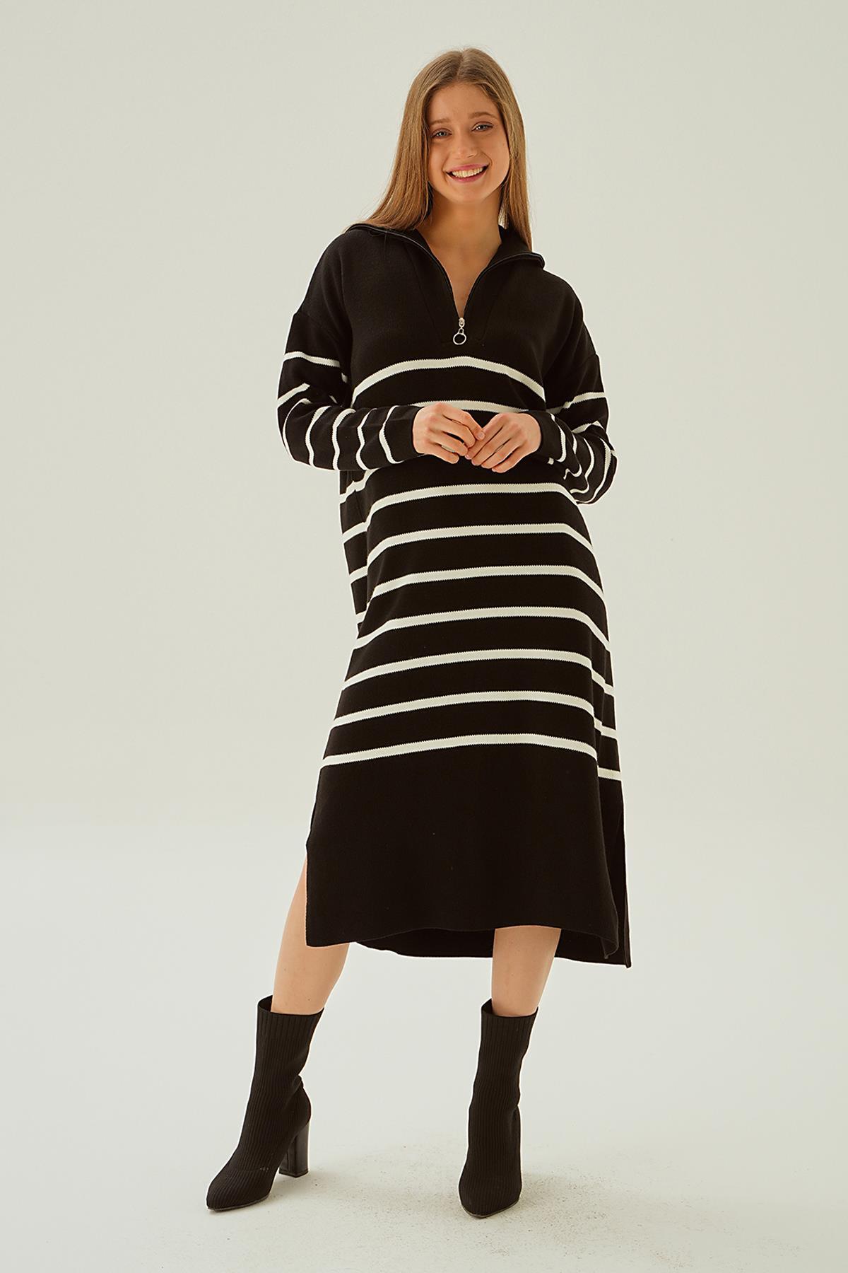 Siyah Çizgili Fermuarlı Elbise 4310 - 2