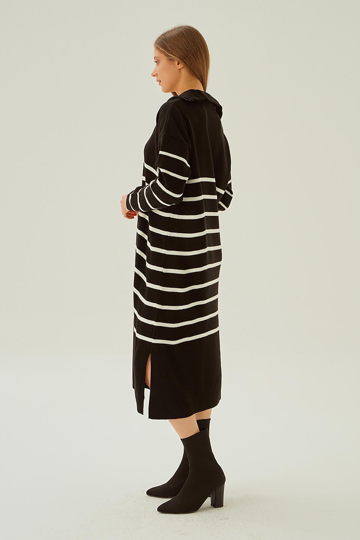 Siyah Çizgili Fermuarlı Elbise 4310 - 3