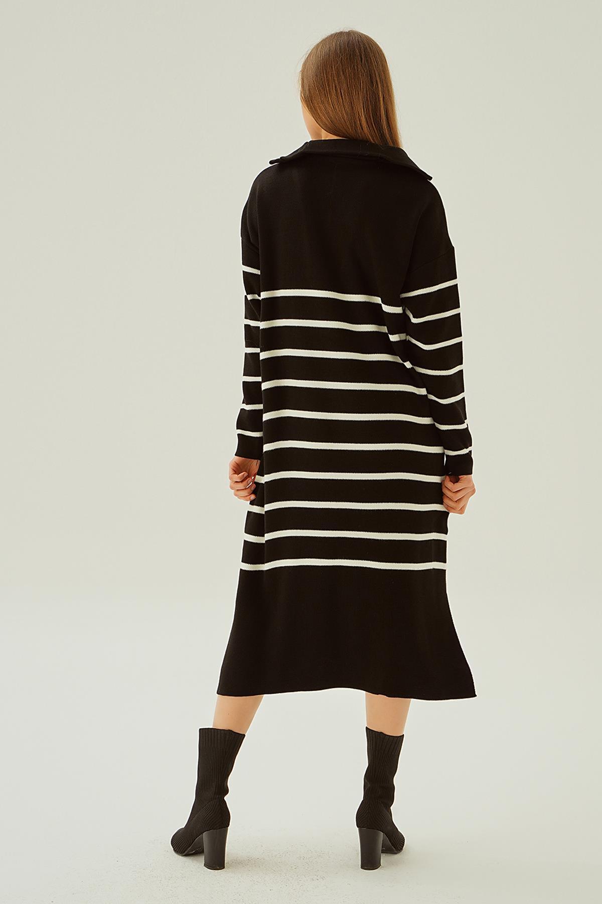 Siyah Çizgili Fermuarlı Elbise 4310 - 4