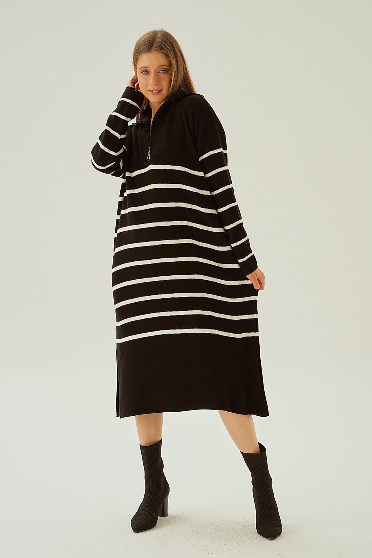 Siyah Çizgili Fermuarlı Elbise 4310 - 5