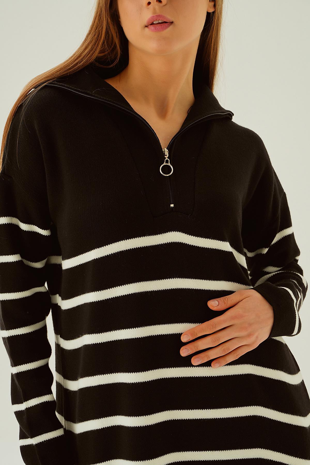 Siyah Çizgili Fermuarlı Elbise 4310 - 6