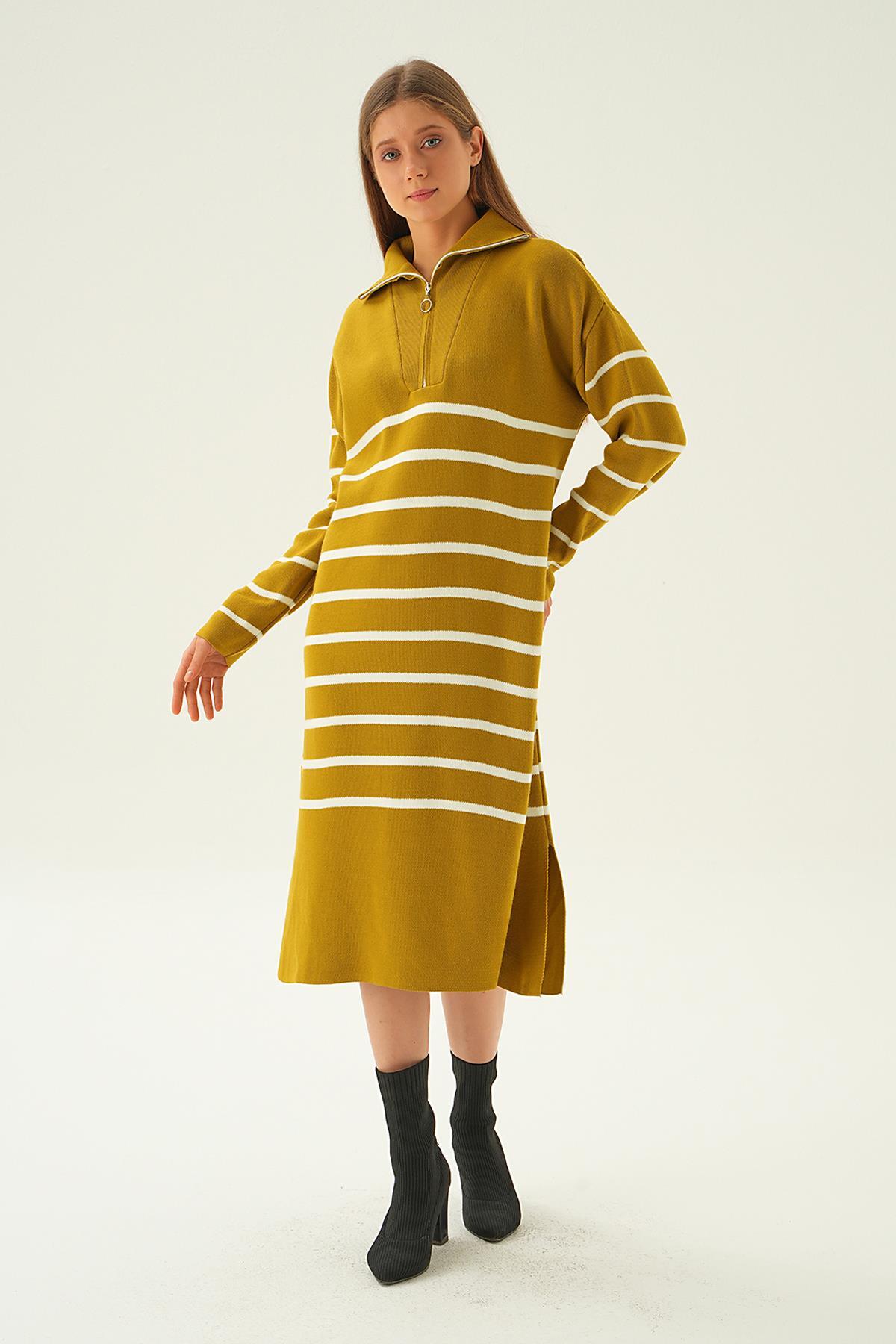 Yağ Yeşili Çizgili Fermuarlı Elbise 4310 