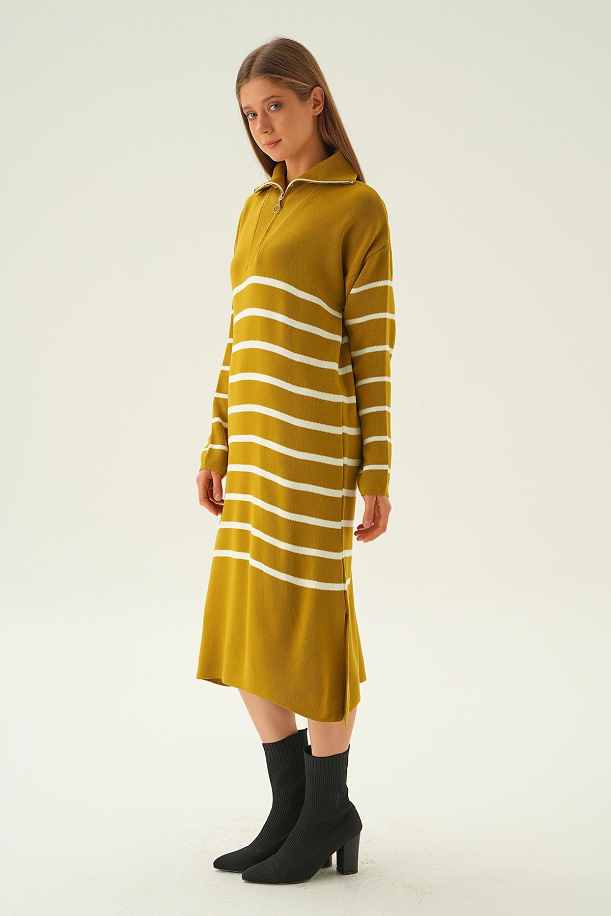 Yağ Yeşili Çizgili Fermuarlı Elbise 4310 - 3