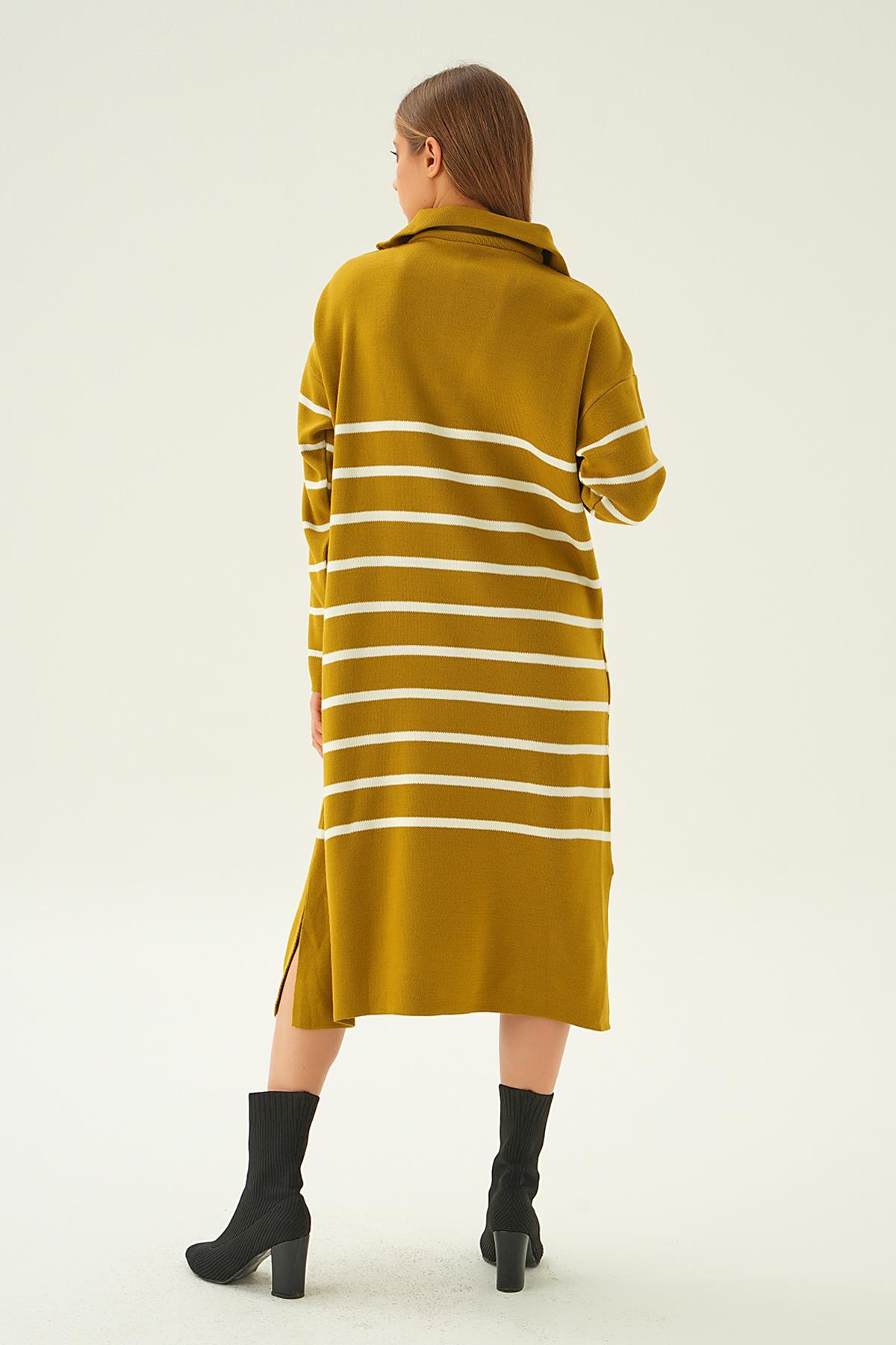 Yağ Yeşili Çizgili Fermuarlı Elbise 4310 - 4