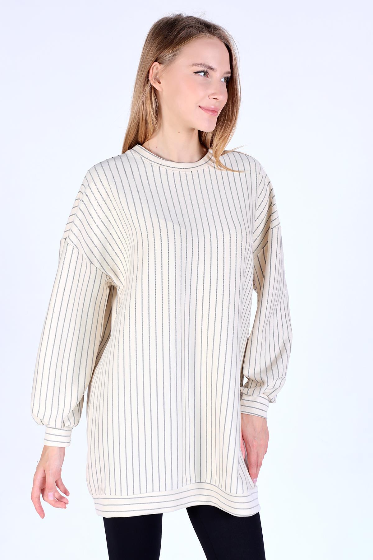 4315A Çizgili Tunik Bej 