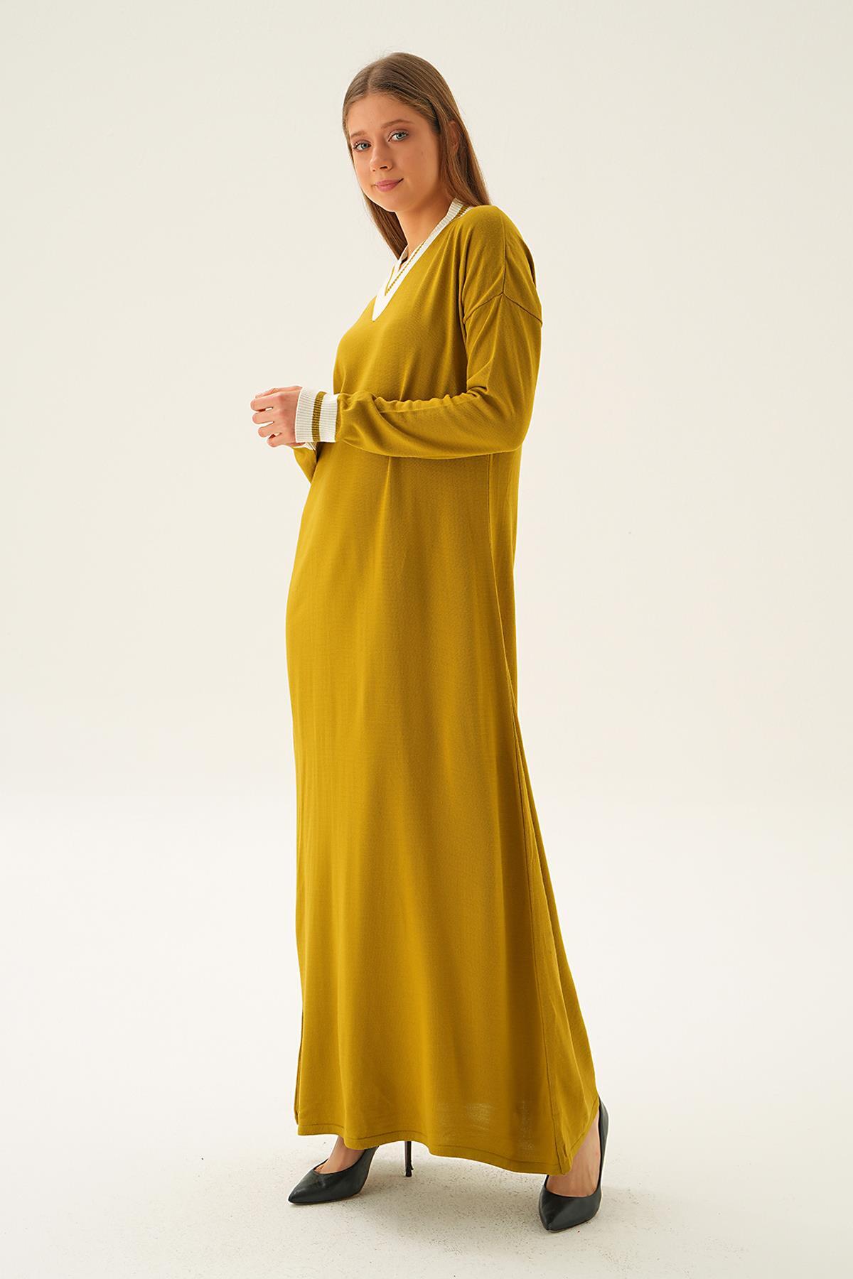 Yağ Yeşili Ribana Detay Triko Elbise 4320 - 2