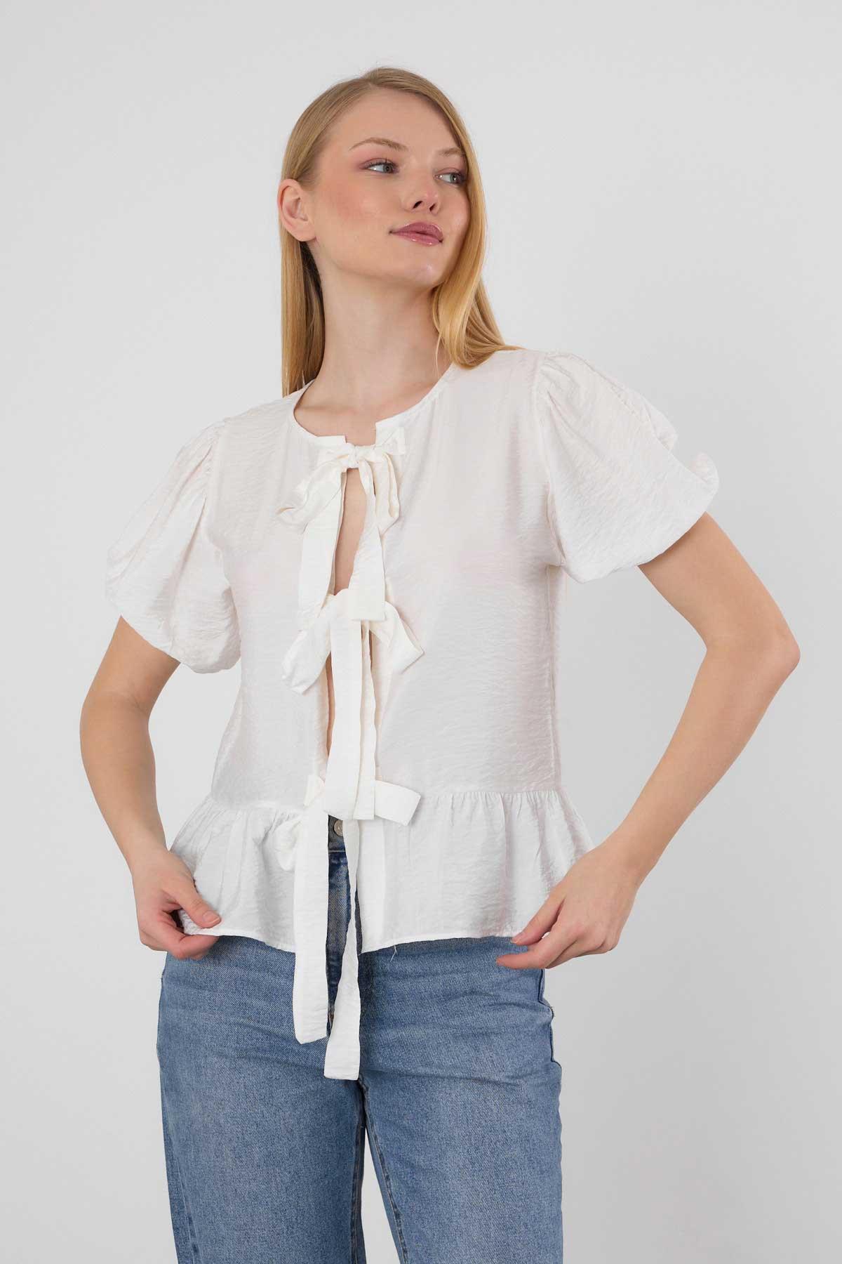 Beyaz Ön Bağlama Detay Bluz 4334A - 7