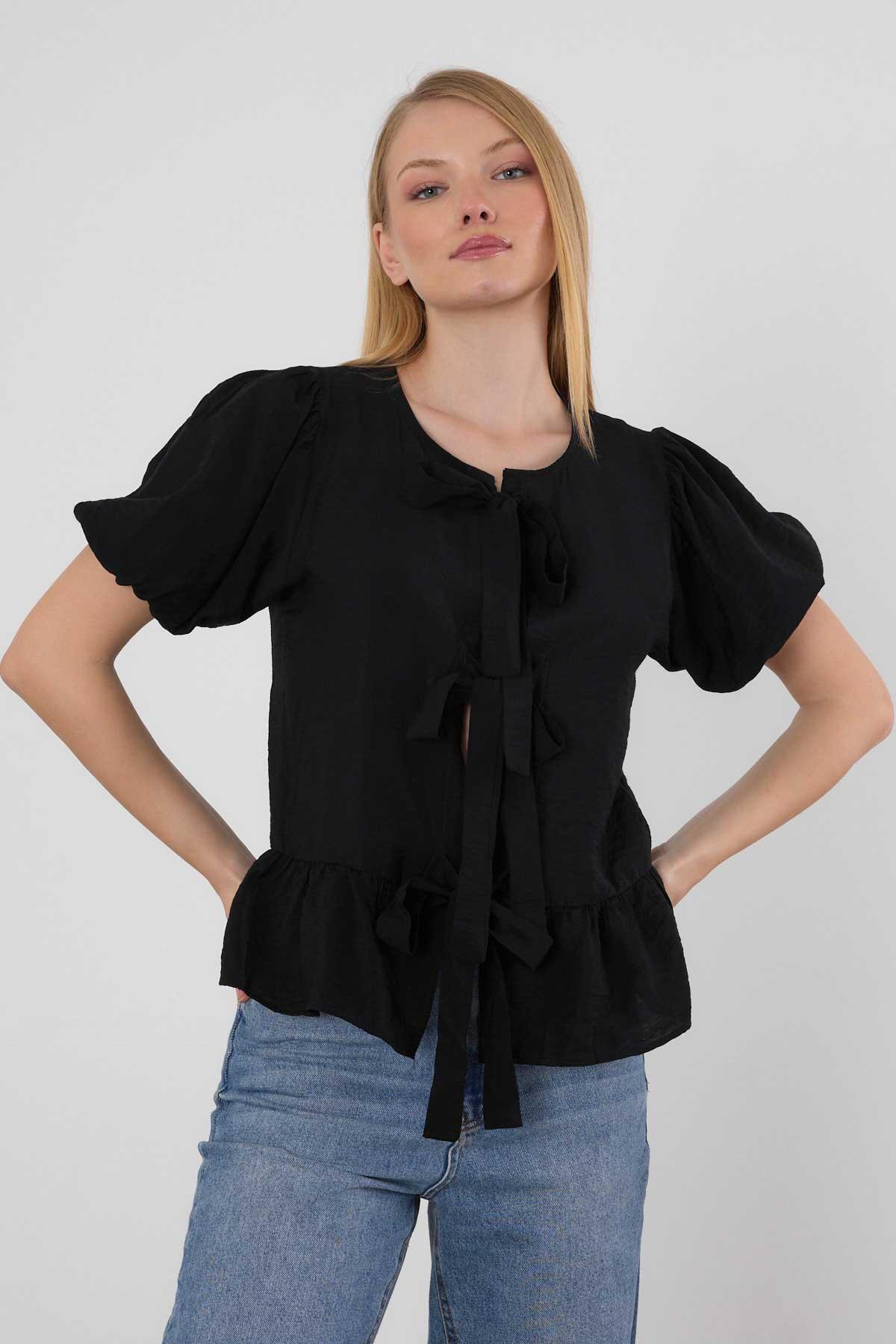 Siyah Ön Bağlama Detay Bluz 4334A 