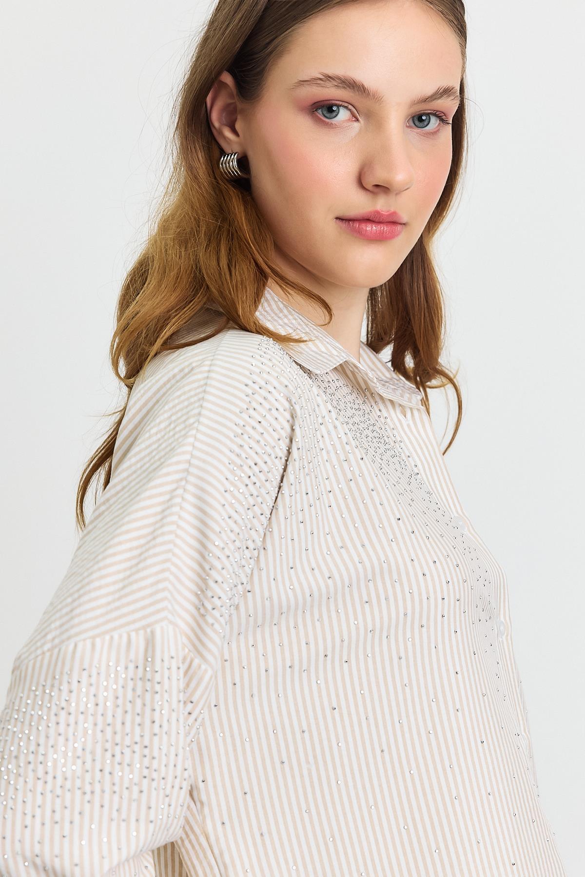 4340A Taş Detay Gömlek Bej - 4