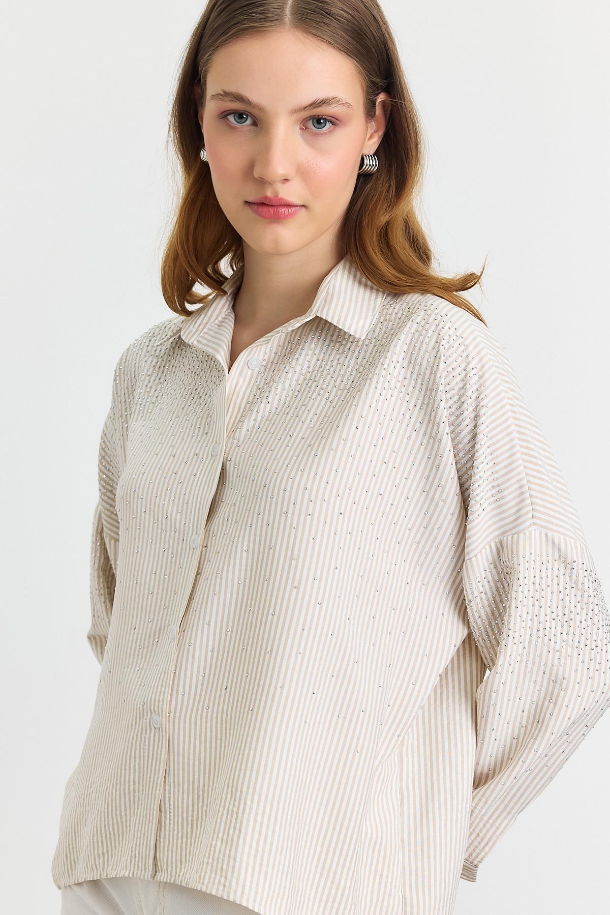4340A Taş Detay Gömlek Bej - 7