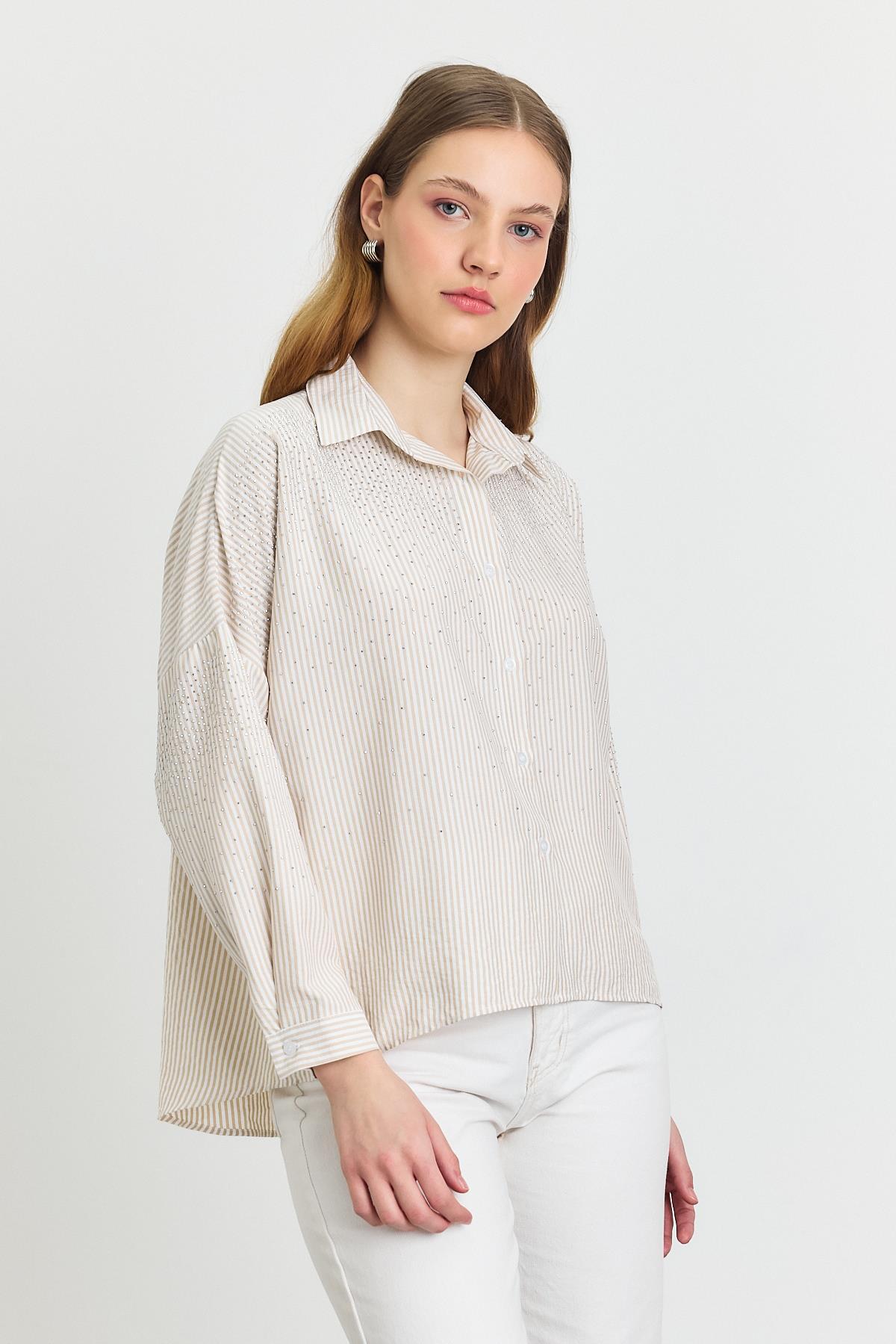 4340A Taş Detay Gömlek Bej 