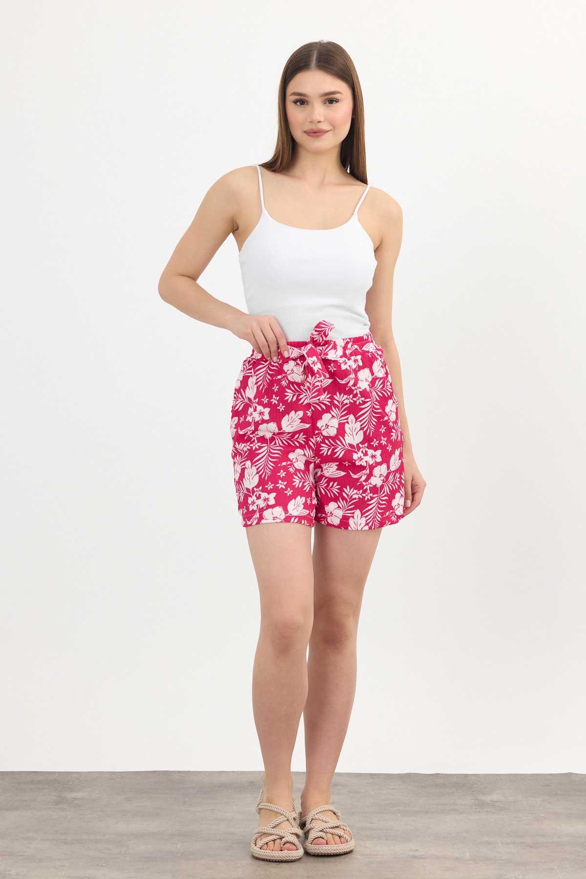 Fuşya Çiçek Desenli Şort 4356A - 1