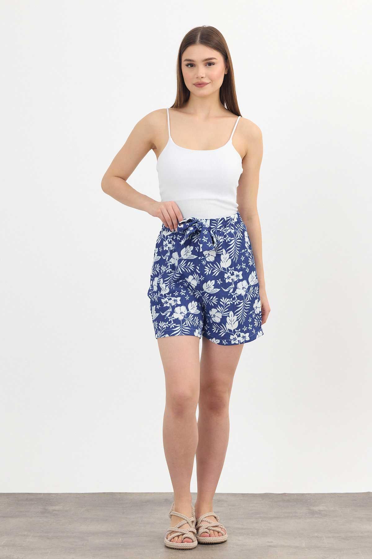 Çiçek Desenli Şort 4356A Saks - 8