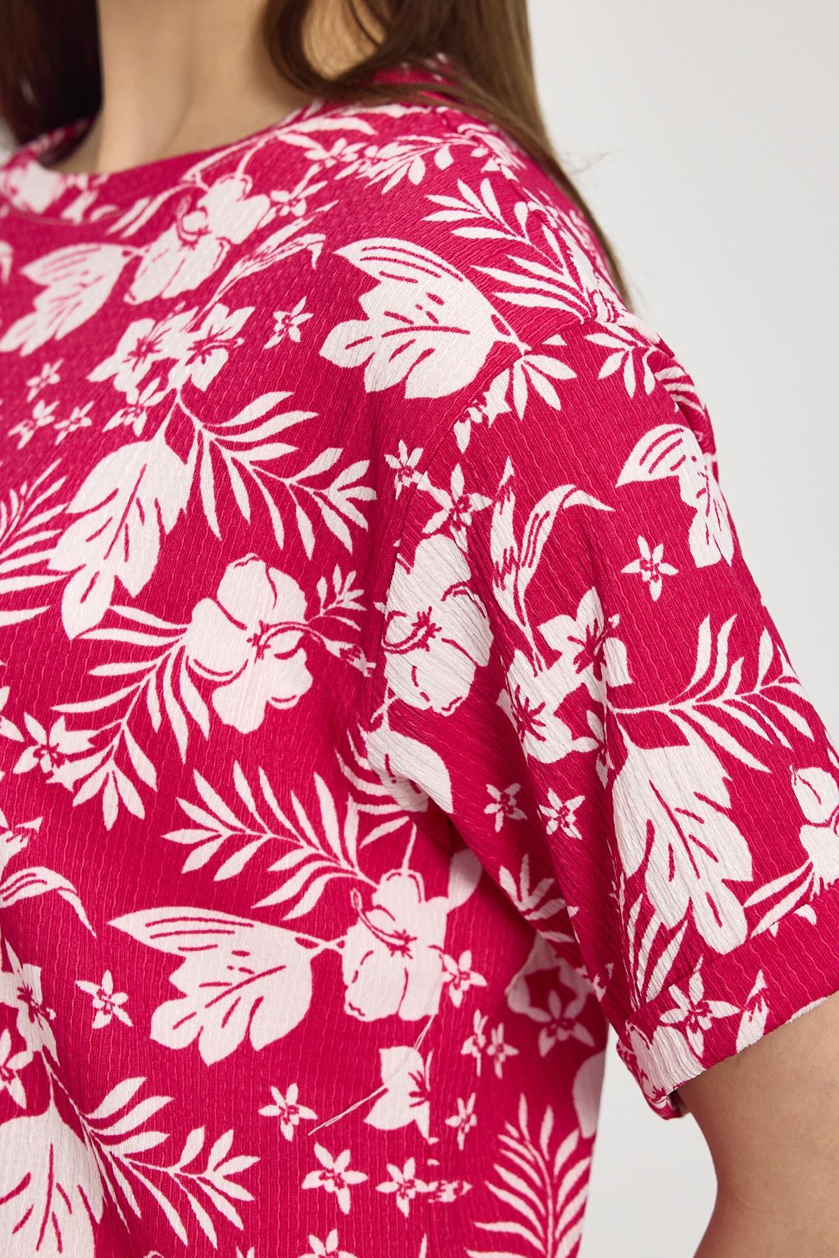 4357A Çiçek Desen Tişört Fuşya - RAYS