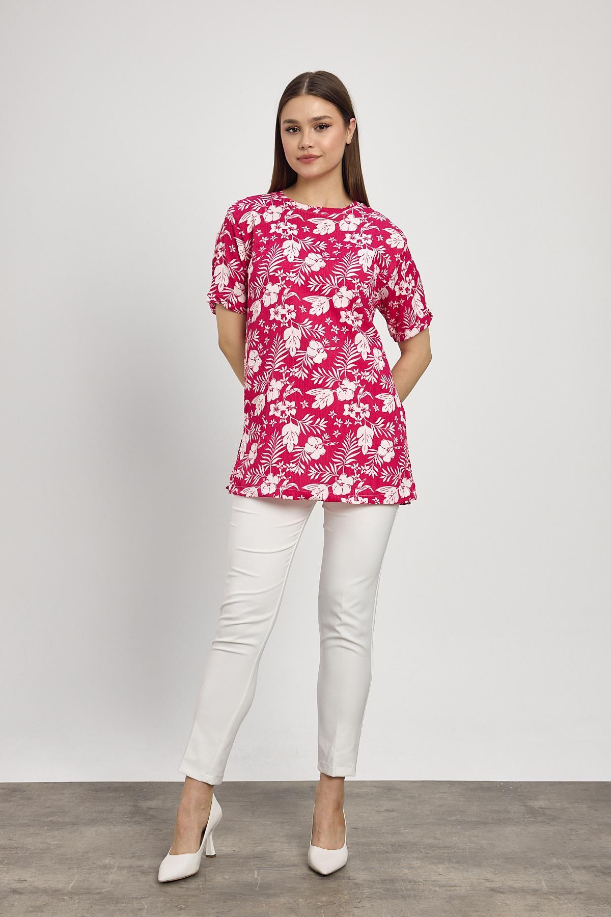 Fuşya Çiçek Desen Tişört 4357A - 1