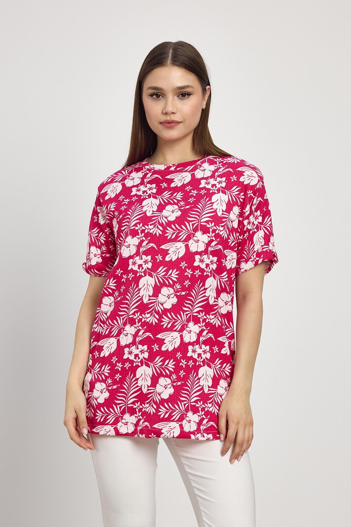 Fuşya Çiçek Desen Tişört 4357A - 2