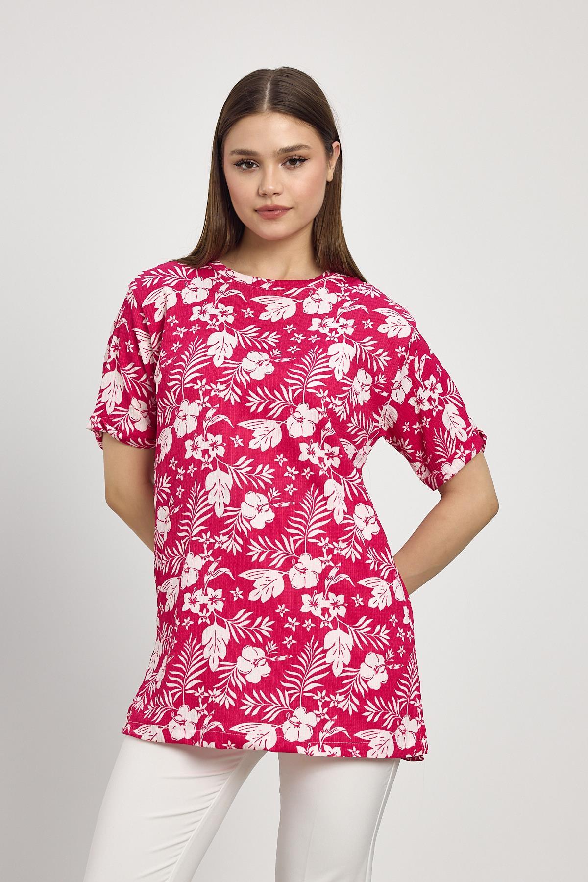 Fuşya Çiçek Desen Tişört 4357A - 3