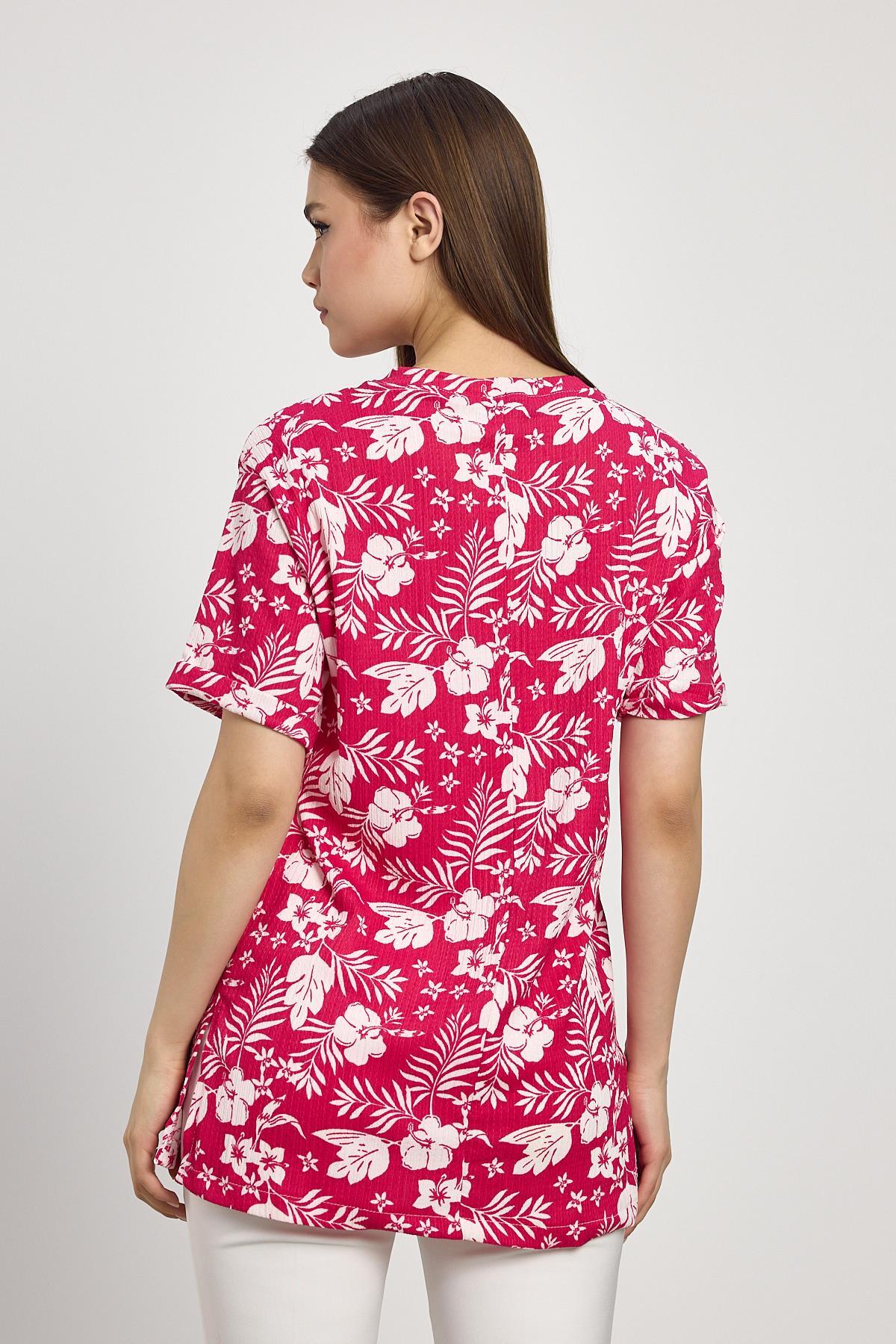 Fuşya Çiçek Desen Tişört 4357A - 5