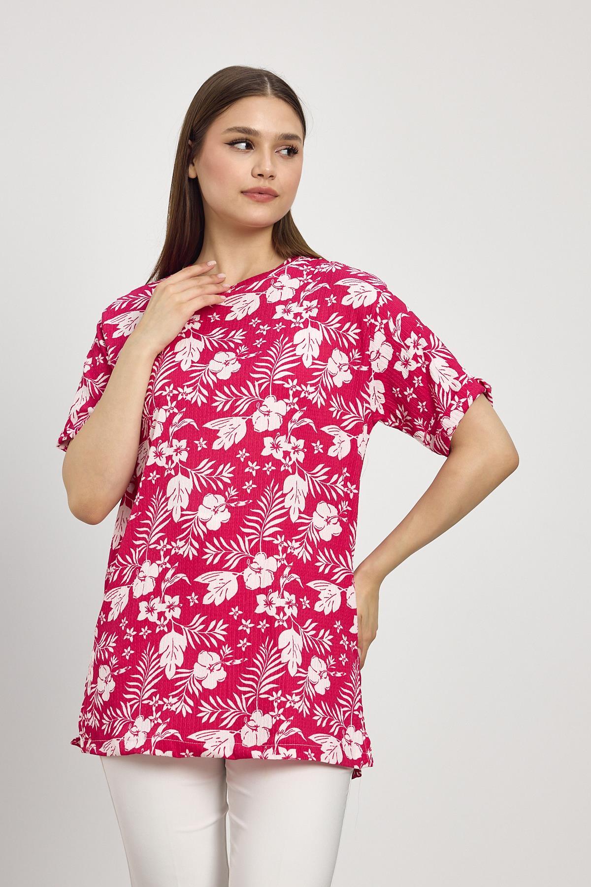 Fuşya Çiçek Desen Tişört 4357A - 6