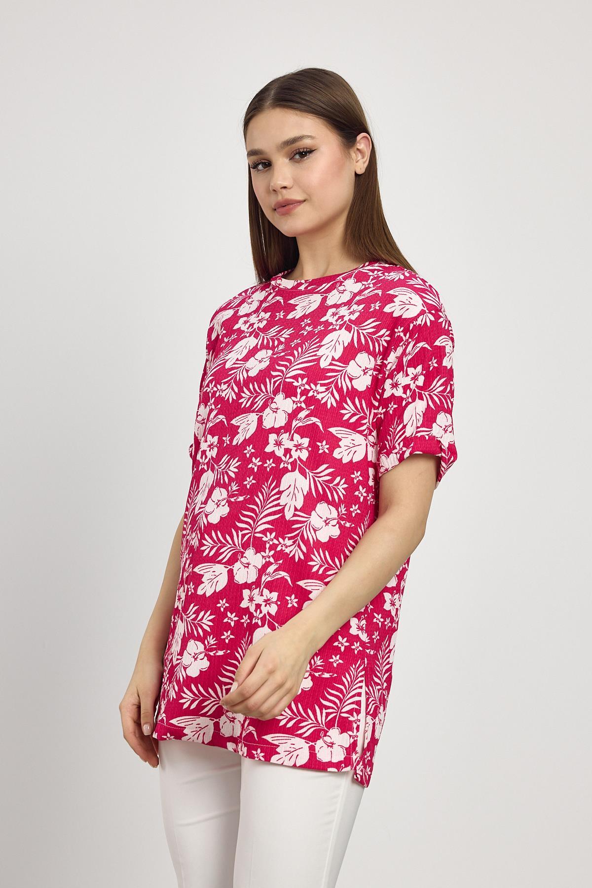 Fuşya Çiçek Desen Tişört 4357A - 7