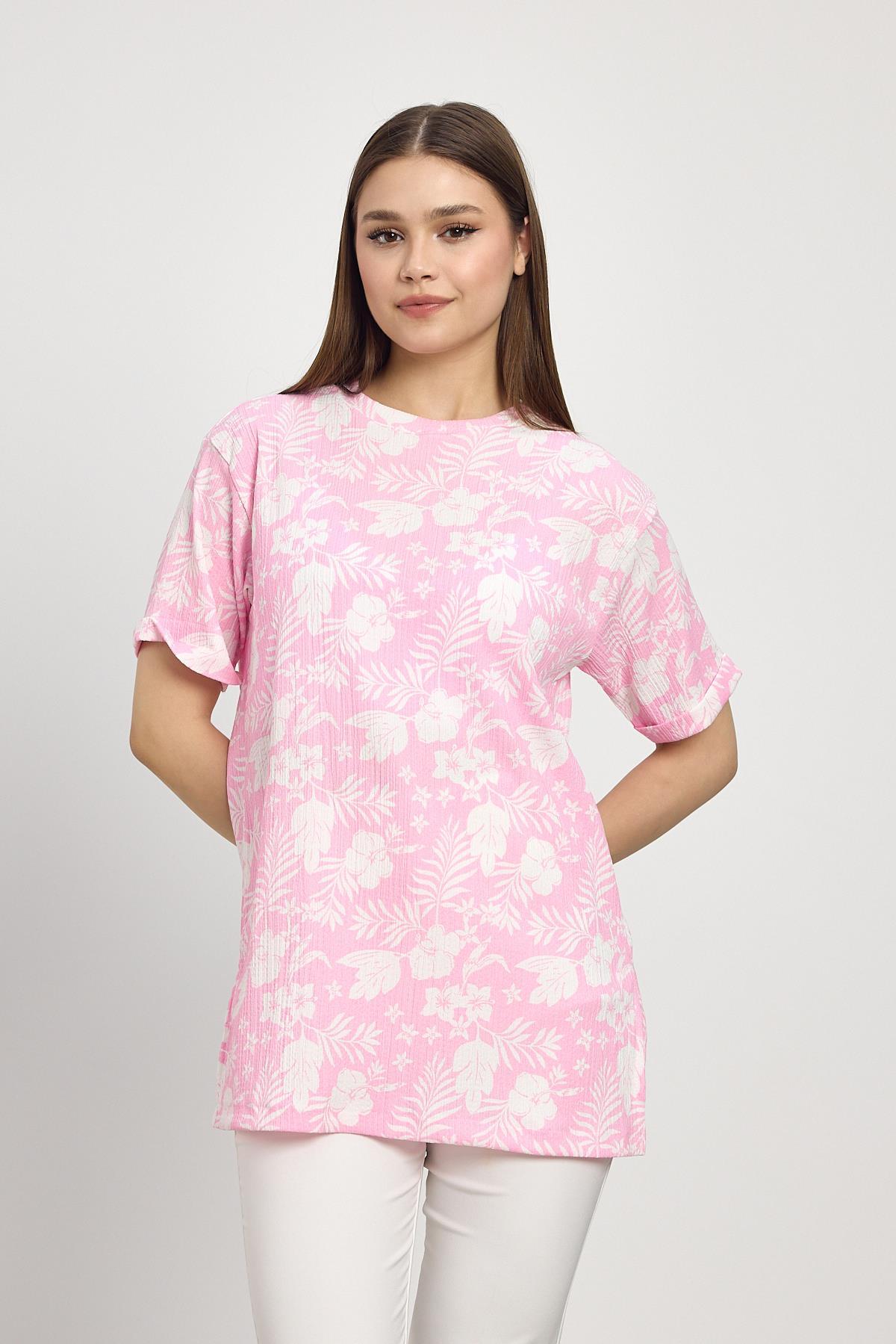 4357A Çiçek Desen Tişört Şeker Pembe - 1