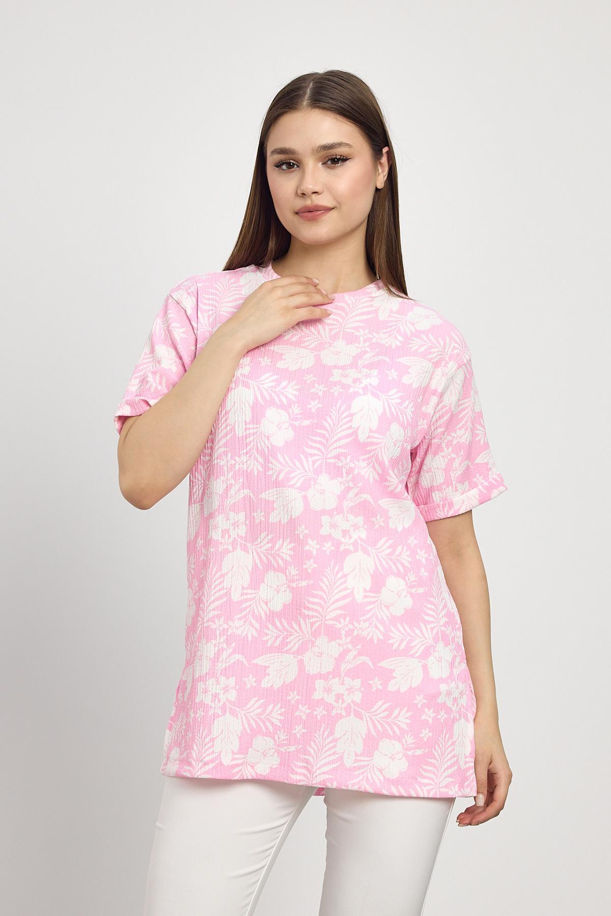 4357A Çiçek Desen Tişört Şeker Pembe - 6