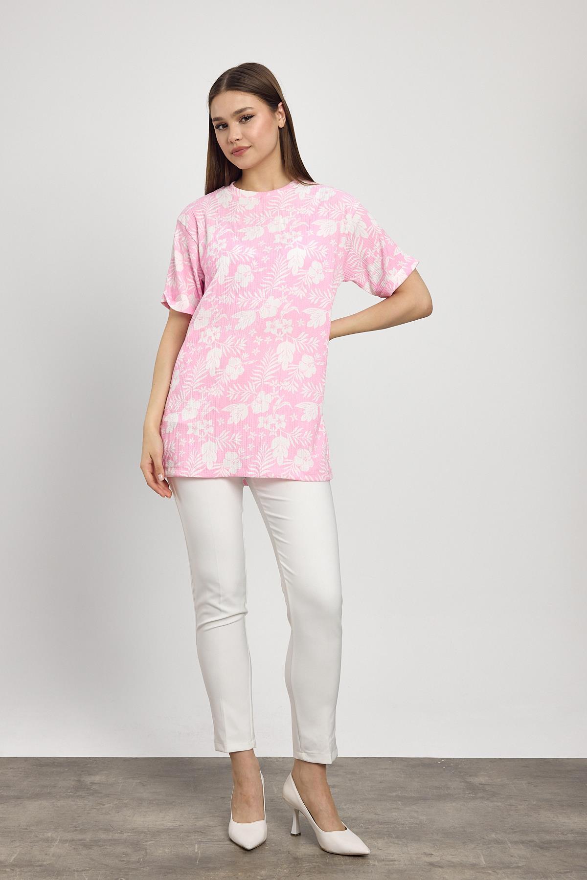 Şeker Pembe Çiçek Desen Tişört 4357A - 2