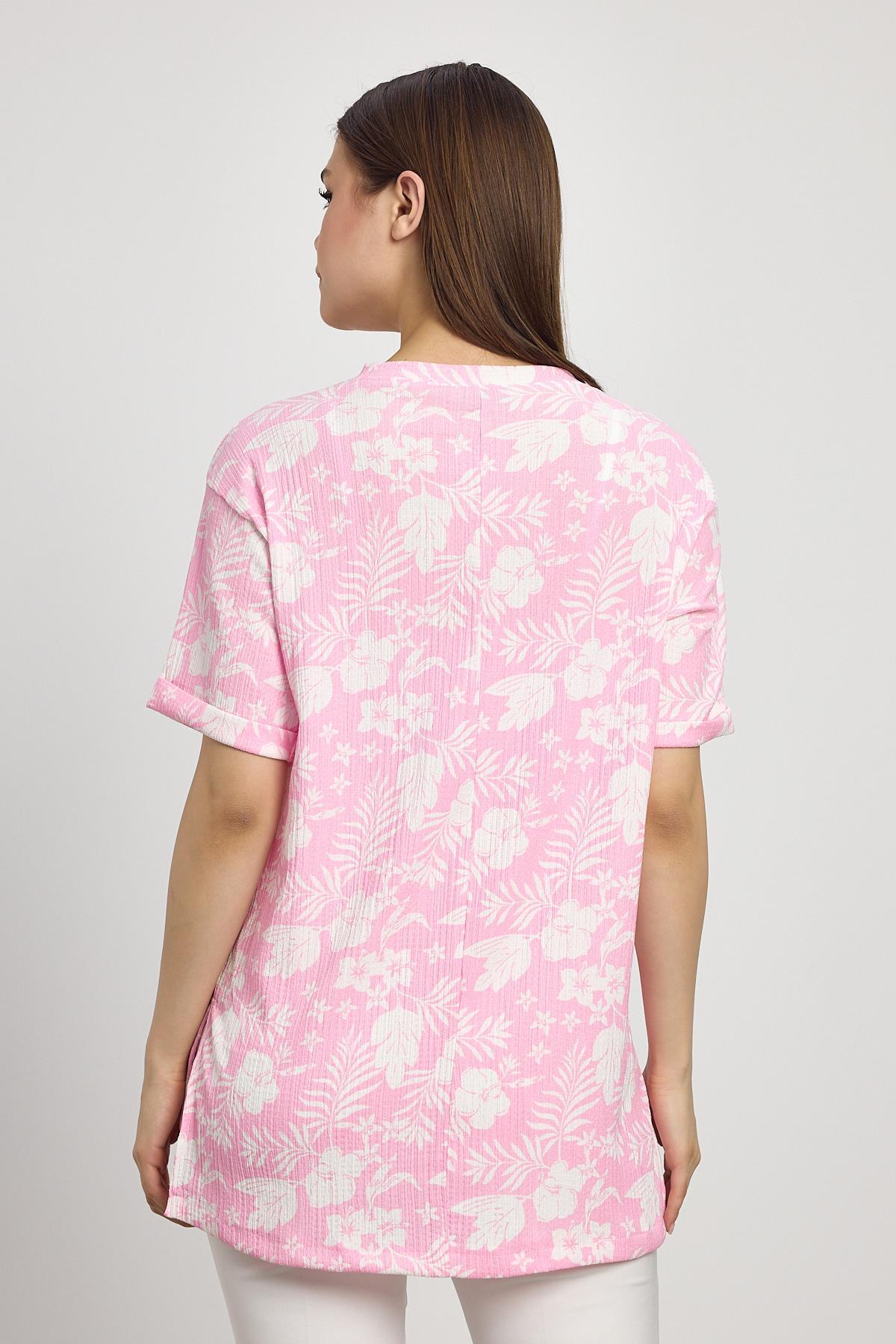 Şeker Pembe Çiçek Desen Tişört 4357A - 5