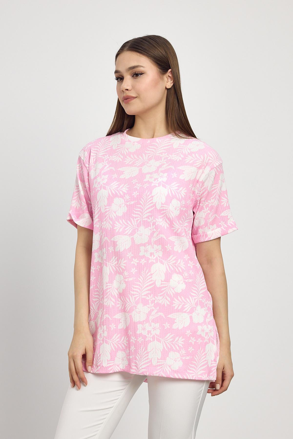 Şeker Pembe Çiçek Desen Tişört 4357A - 7