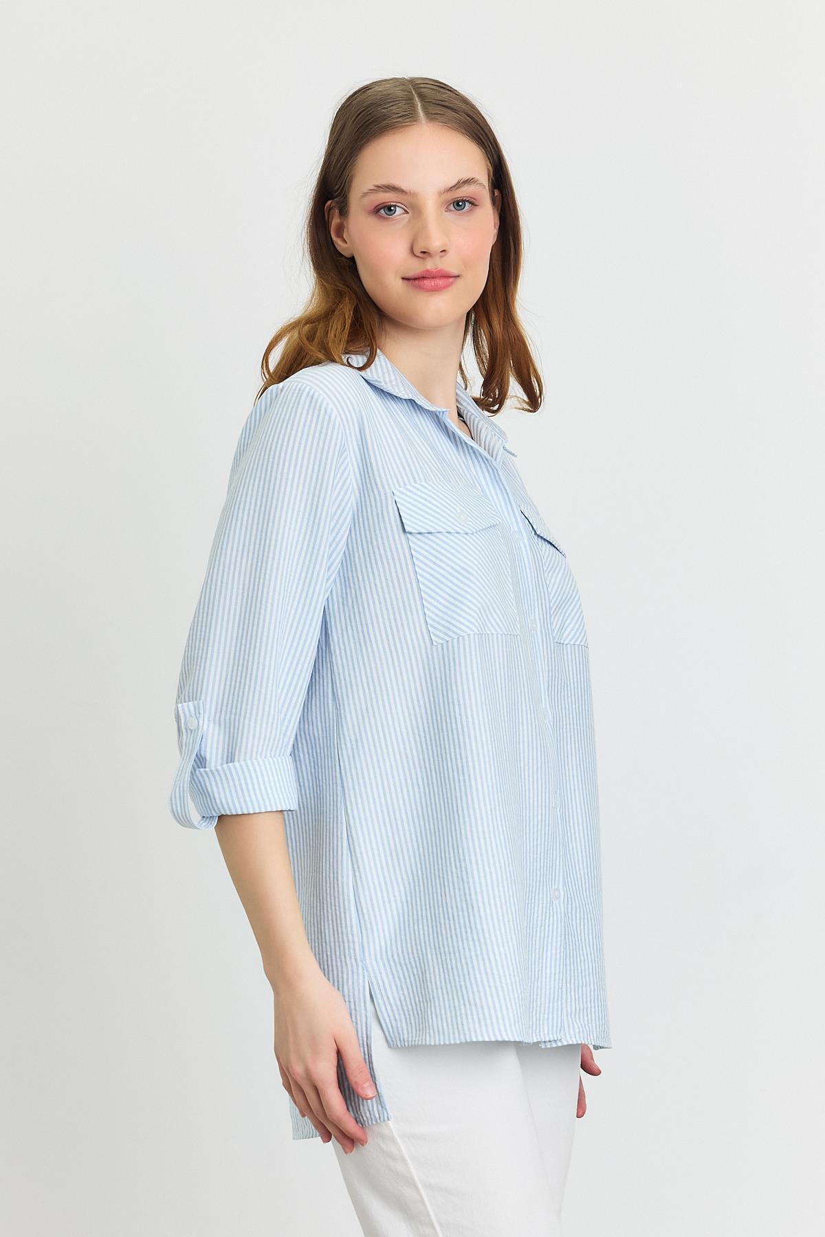 4362A Çizgili Çift Cepli Gömlek Mavi - 6