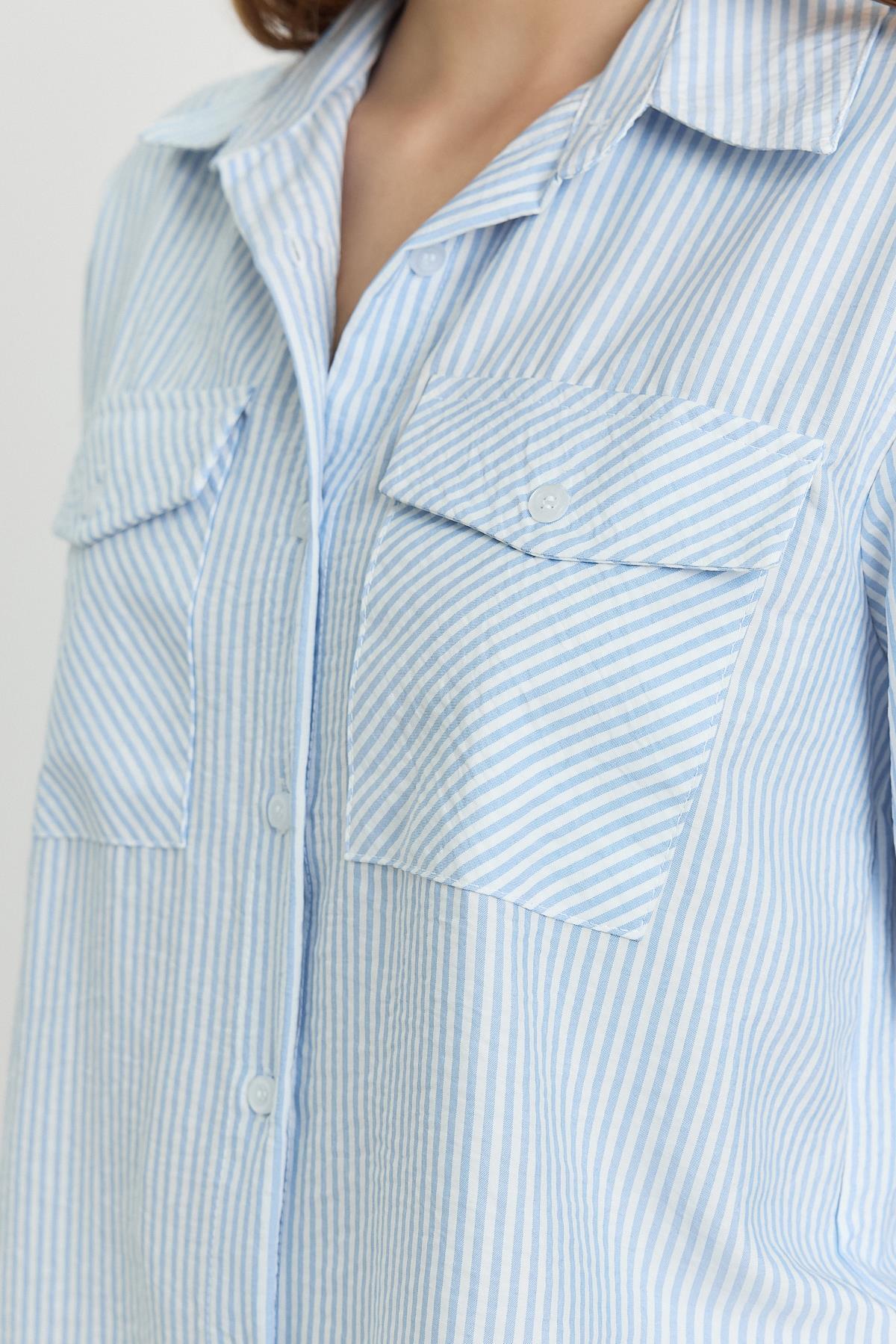 4362A Çizgili Çift Cepli Gömlek Mavi - 4