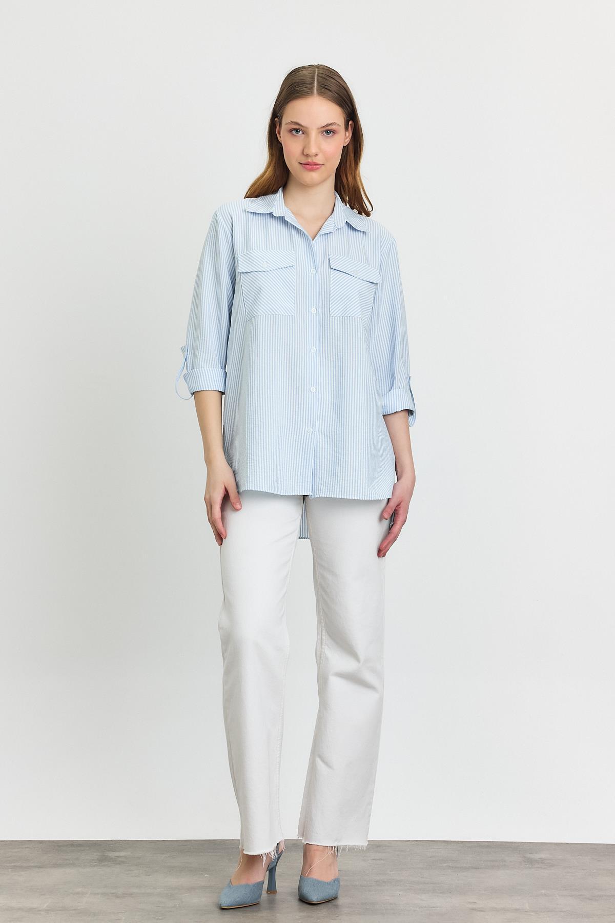 Mavi Çizgili Çift Cepli Gömlek 4362A - 2