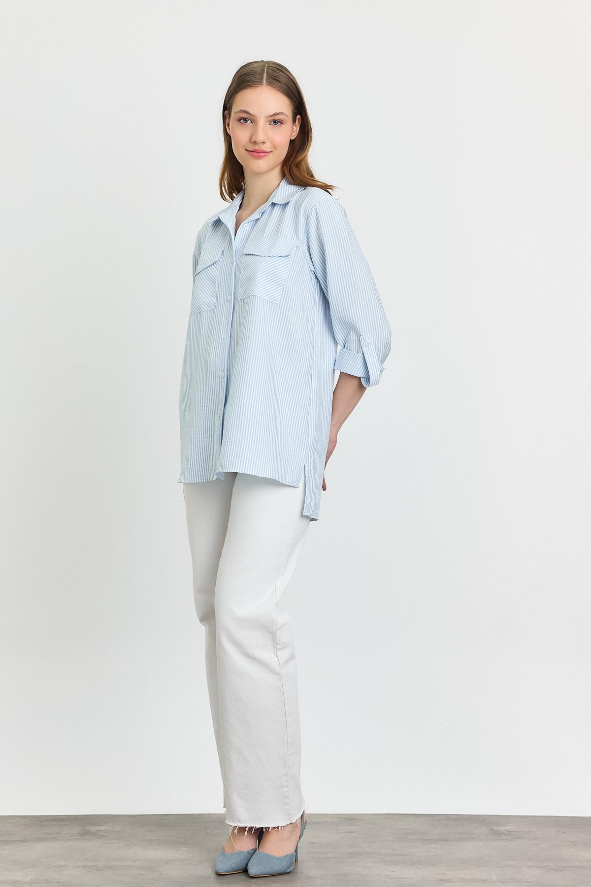 Mavi Çizgili Çift Cepli Gömlek 4362A - 7