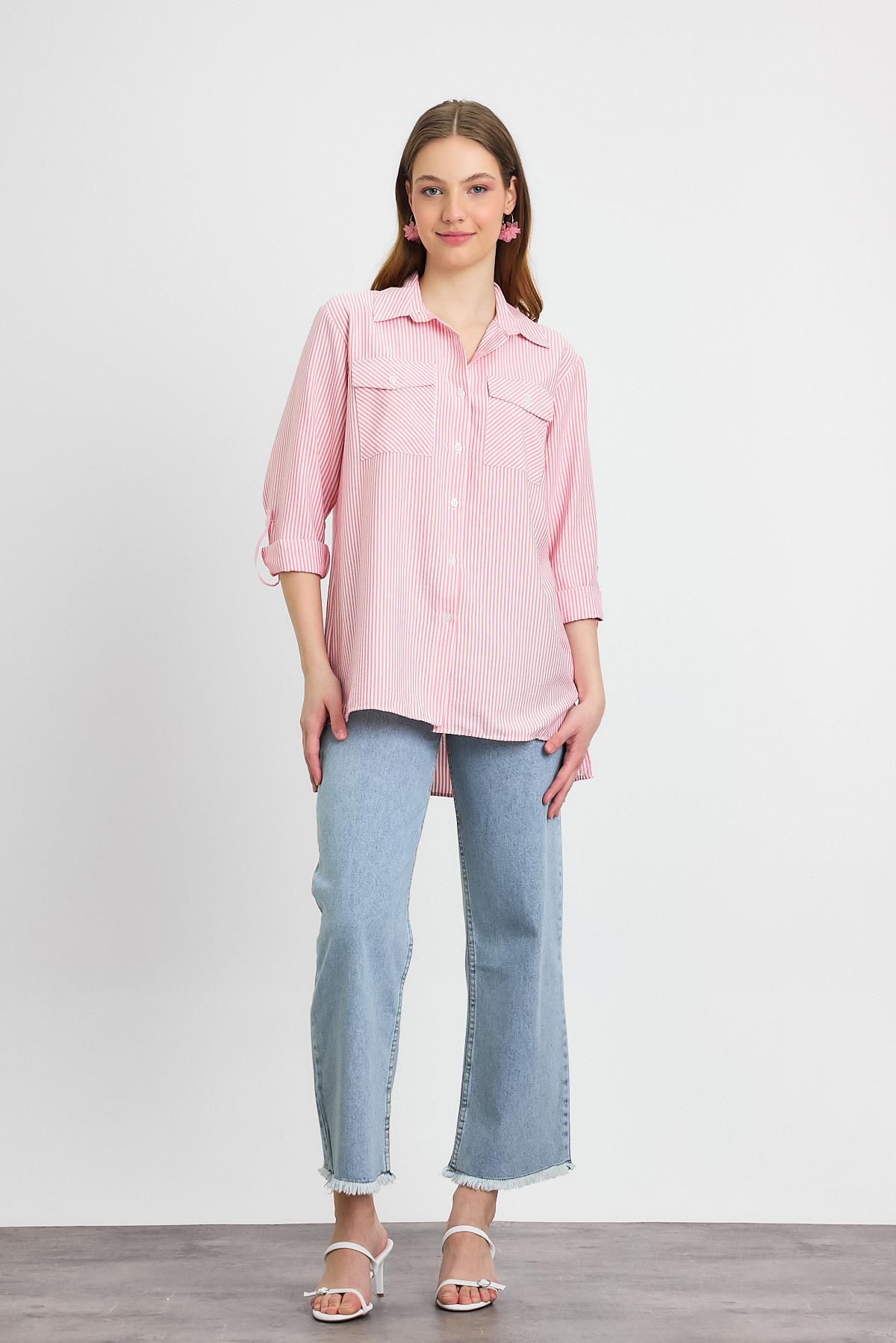 4362A Çizgili Çift Cepli Gömlek Pembe - RAYS