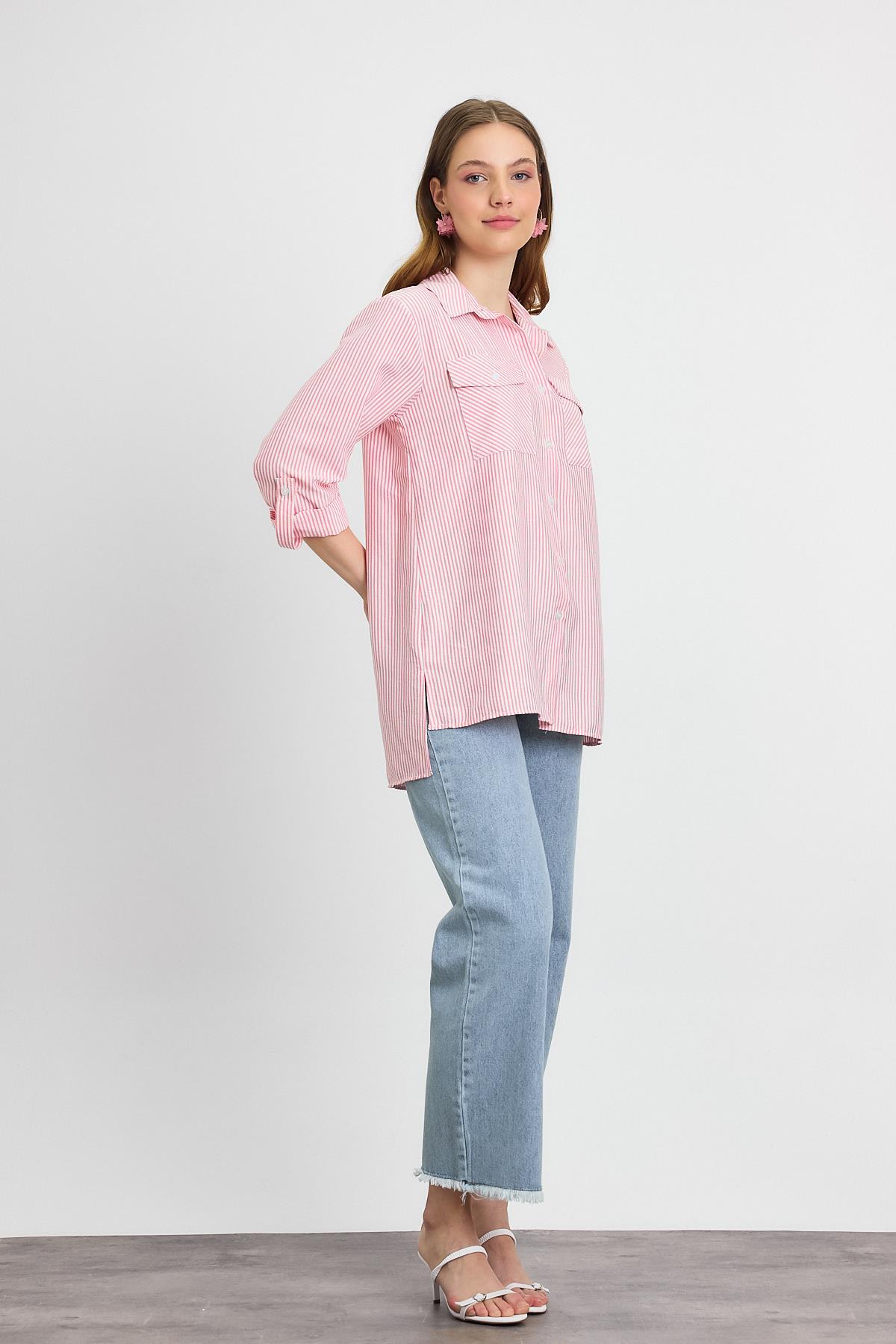 4362A Çizgili Çift Cepli Gömlek Pembe - 7