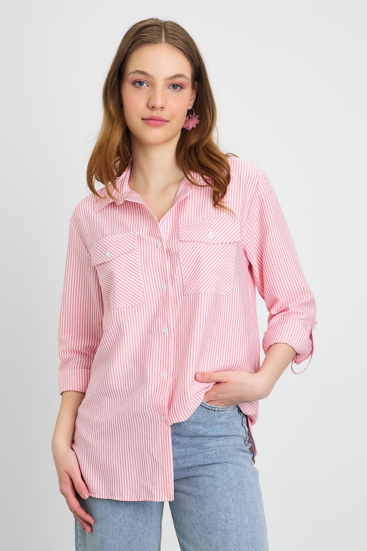 Pembe Çizgili Çift Cepli Gömlek 4362A 