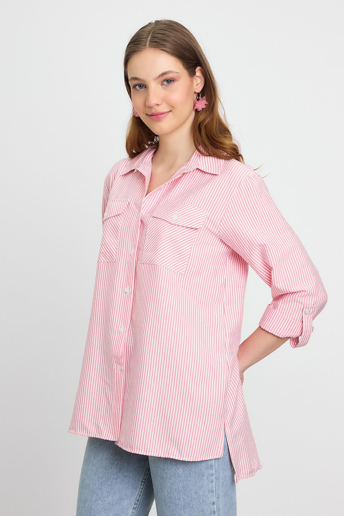 Pembe Çizgili Çift Cepli Gömlek 4362A - 3