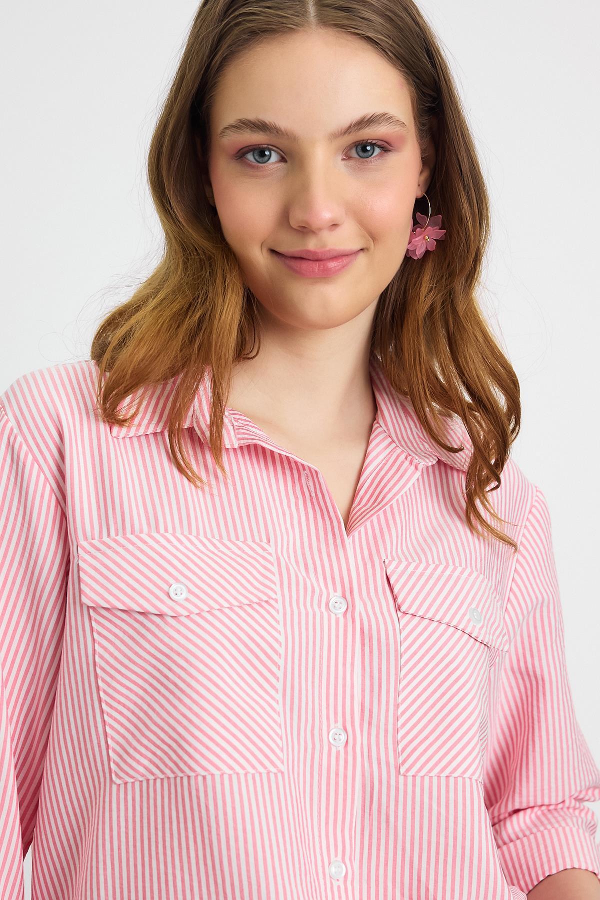 Pembe Çizgili Çift Cepli Gömlek 4362A - 4