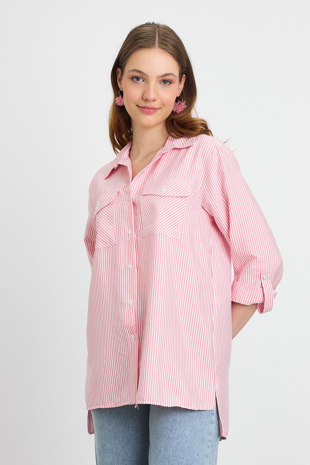 Pembe Çizgili Çift Cepli Gömlek 4362A - 6