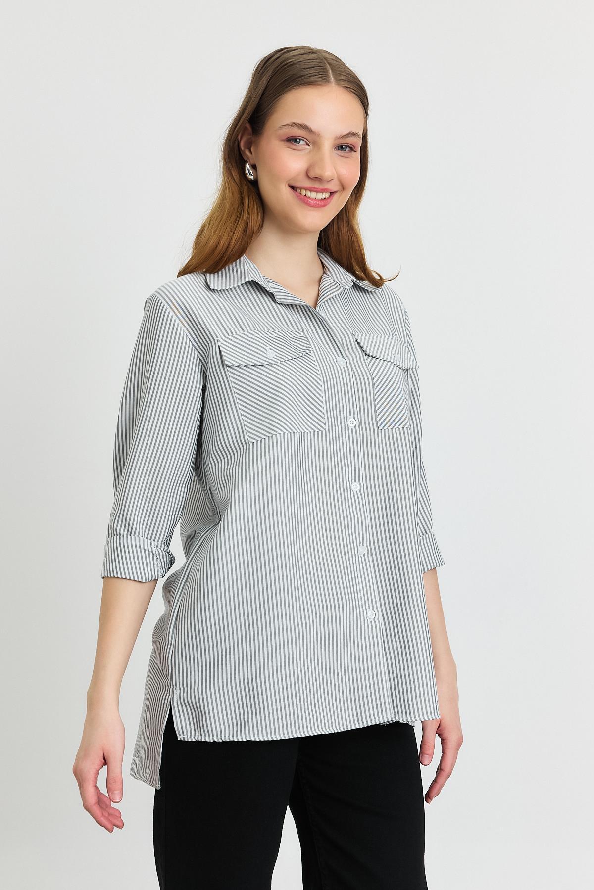 4362A Çizgili Çift Cepli Gömlek Siyah - RAYS