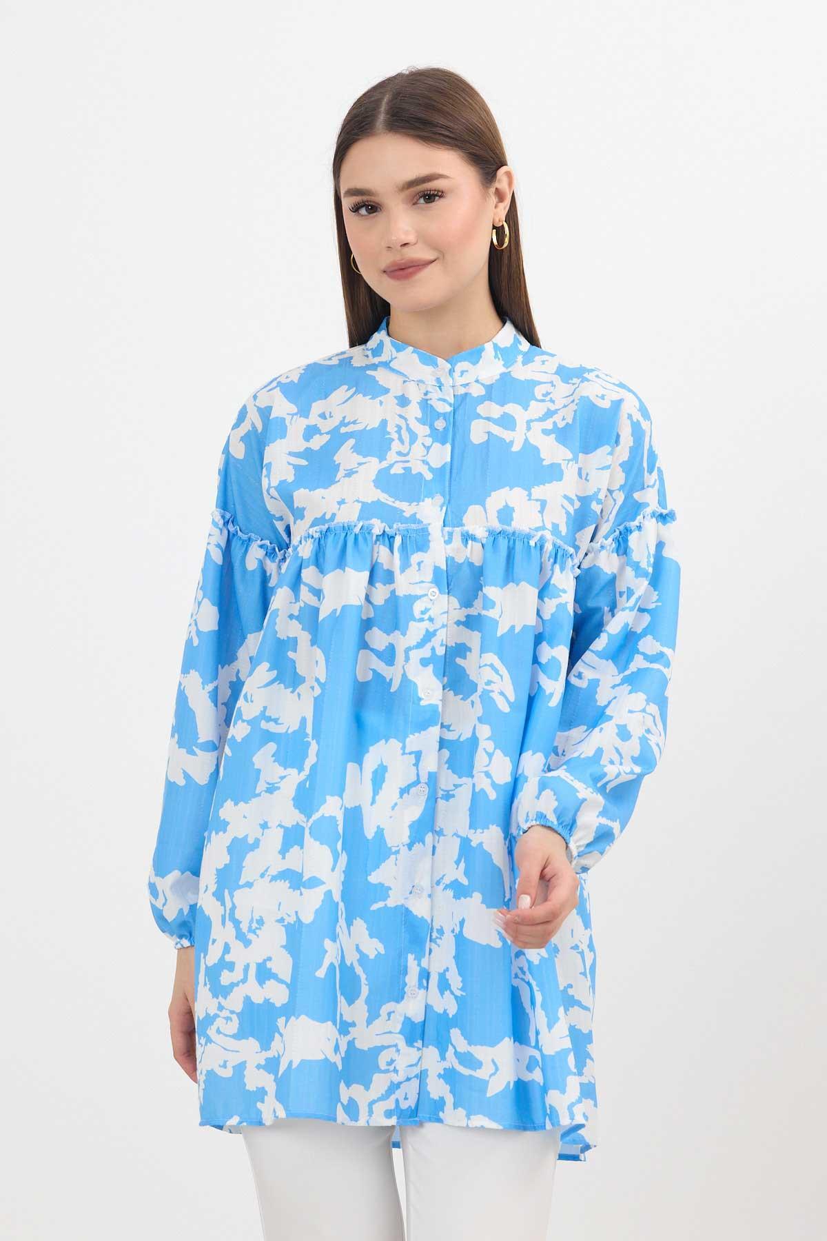 4366A Desenli Kol Lastikli Tunik Mavi - 3