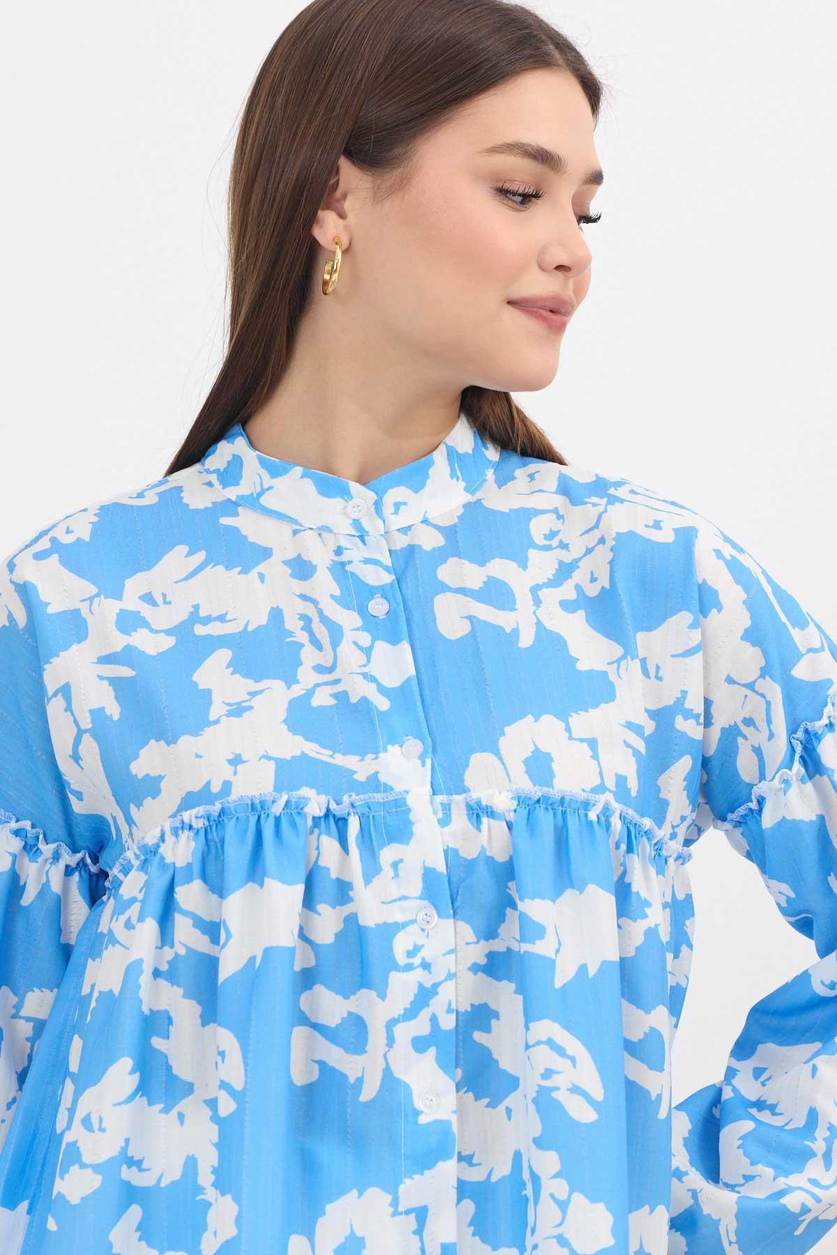 4366A Desenli Kol Lastikli Tunik Mavi - 4